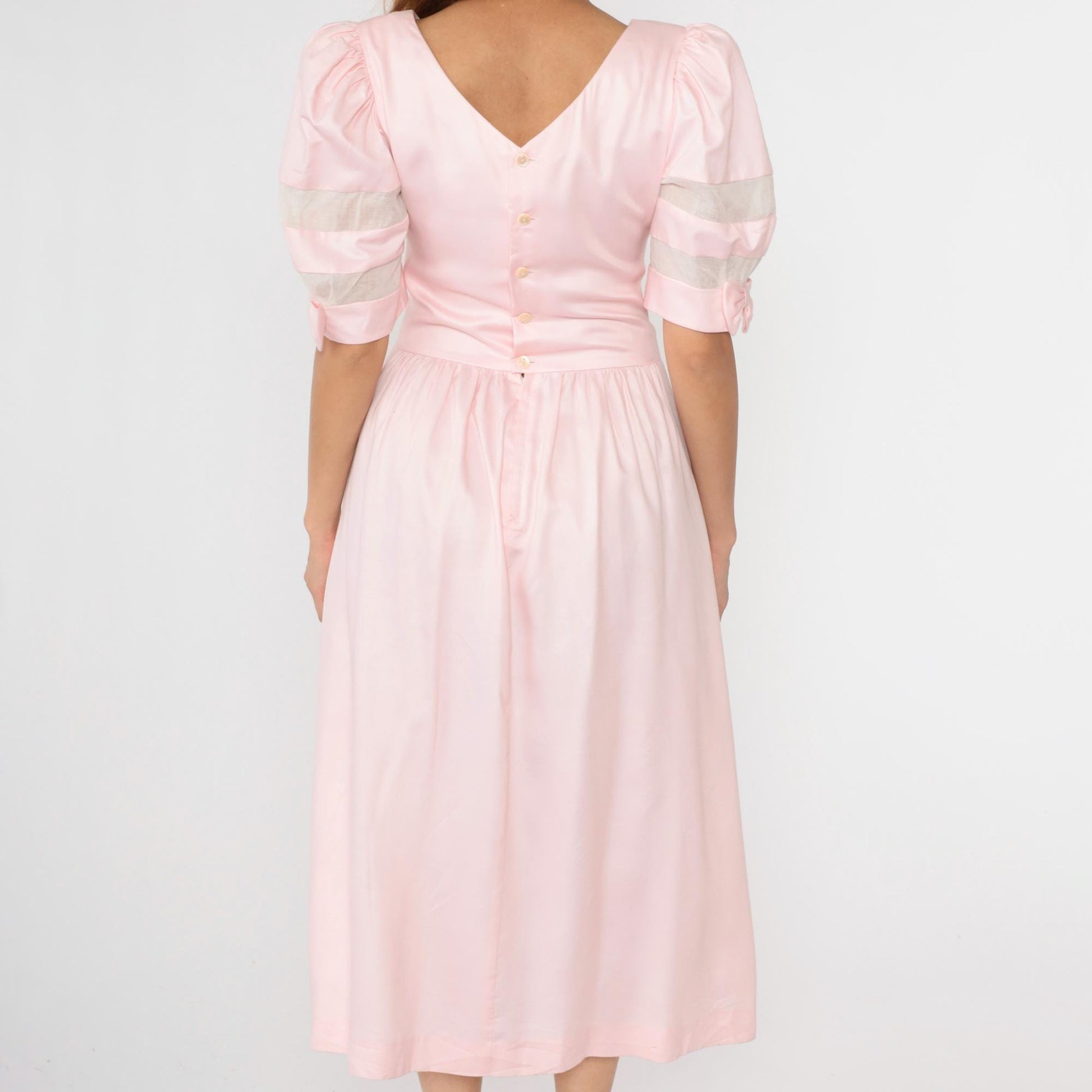 80s Lanz Originals Baby Pink Puff Sleeve Midi Dress Basque Waist Medium 8