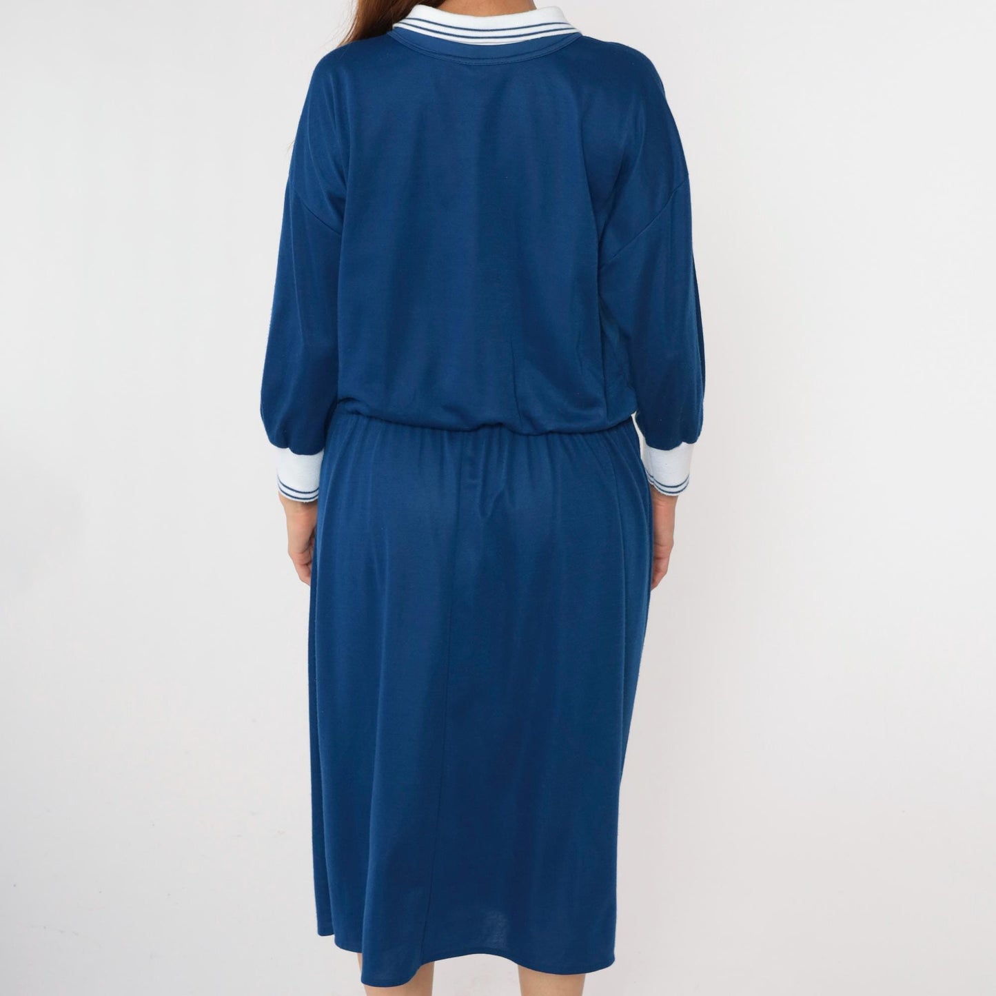 80s Nautical Midi Dress Chevron Crest Collar Long Sleeve Dark Blue Large