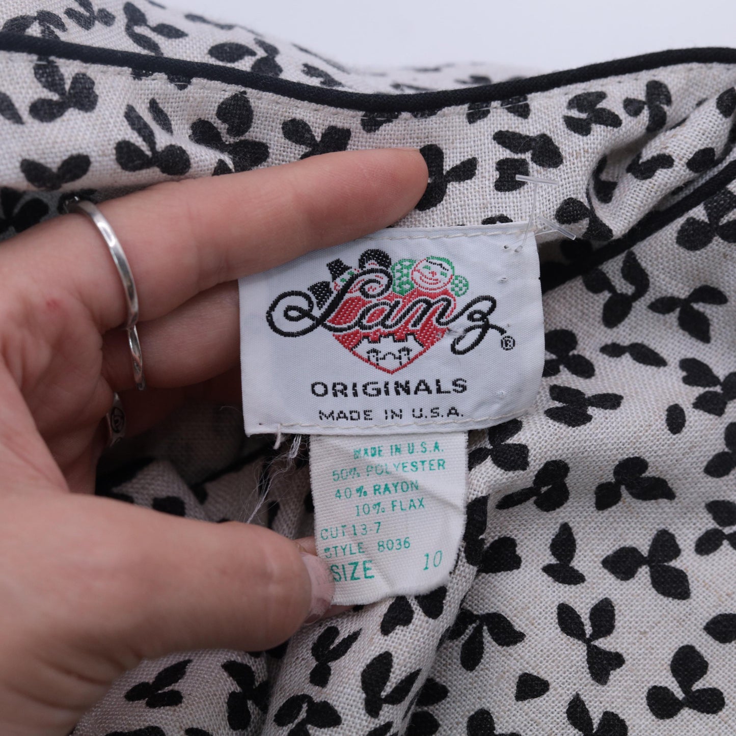 80s Lanz Originals Floral Mini Dress White Black Button-Up High Waisted Medium