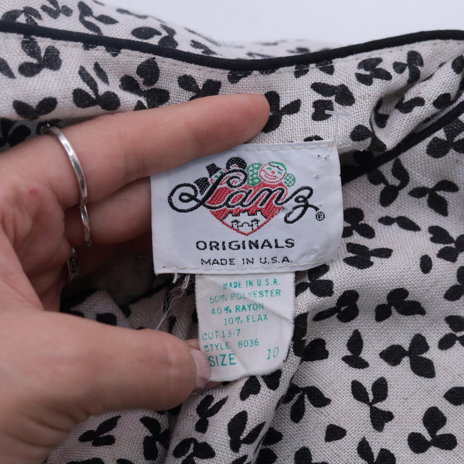 80s Lanz Originals Floral Mini Dress White Black Button-Up High Waisted Medium