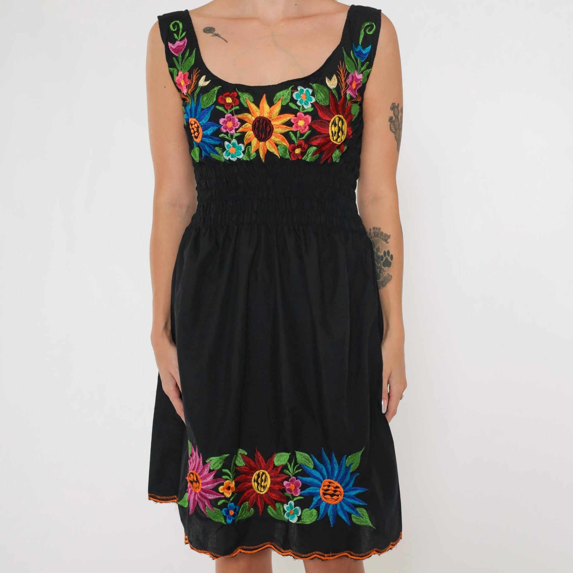 90s Black Floral Embroidered Smocked Mini Dress Sleeveless Small Medium