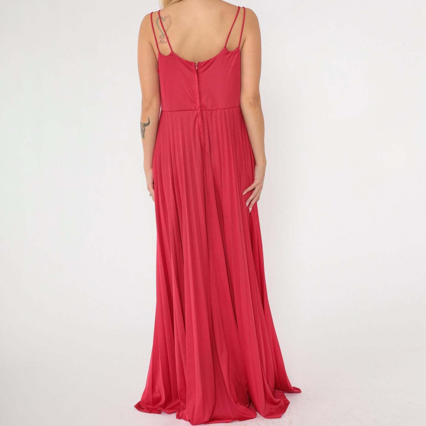 70s Raspberry Red Maxi Dress Deep V Neck Pleated Empire Waist Large