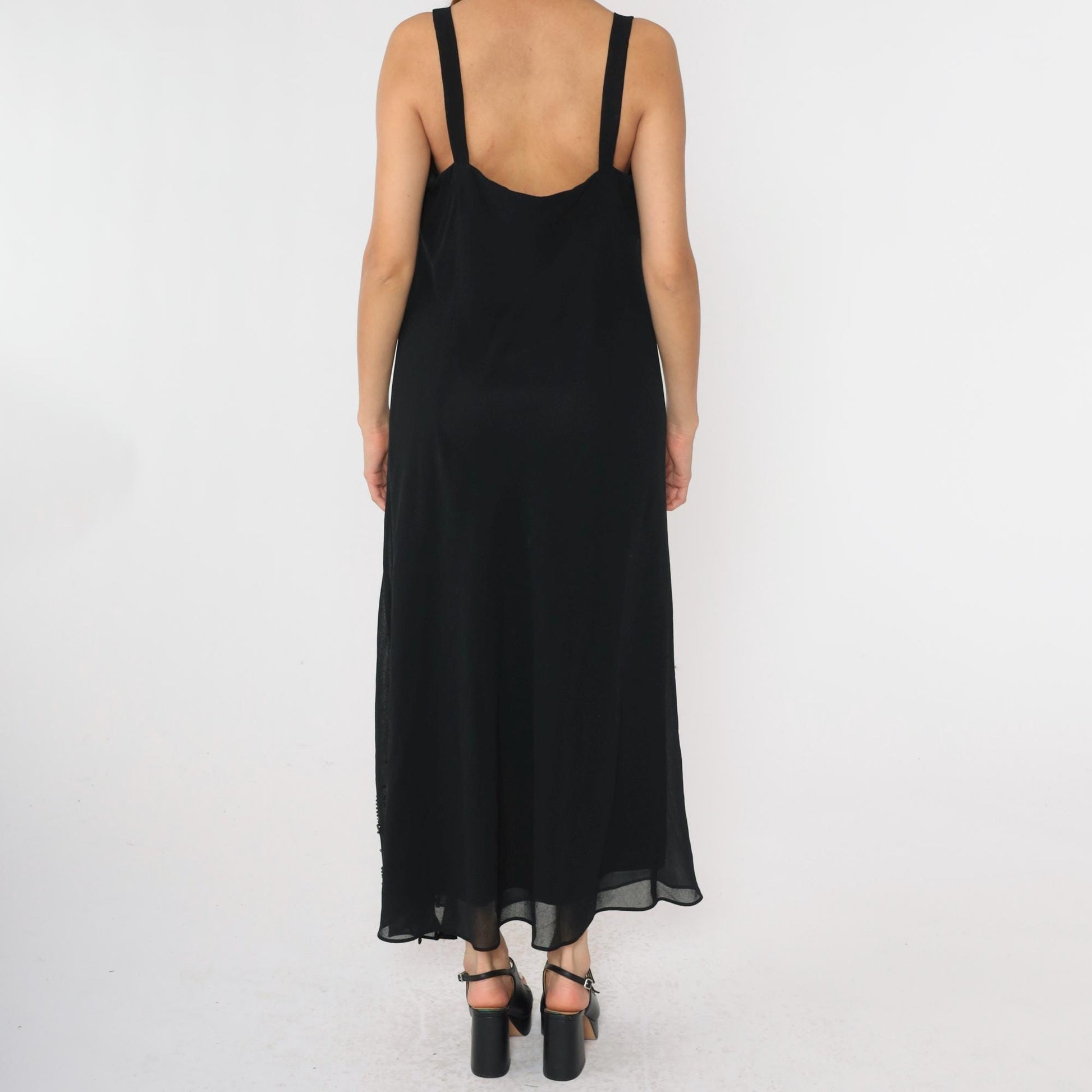 90s R & M Richards Black Chiffon Beaded Maxi Dress V-Neck Medium