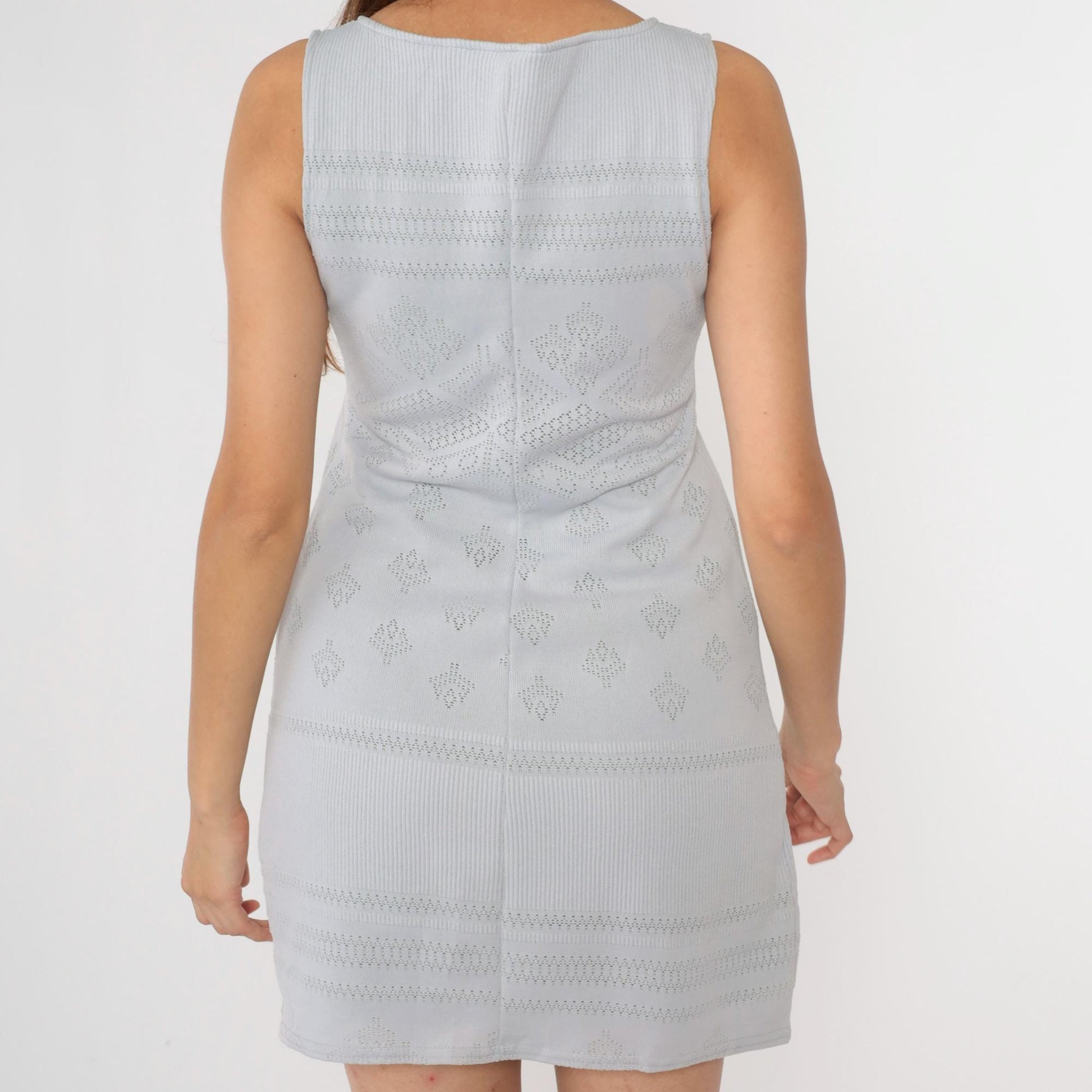 90s Gray Cutwork Mini Dress Geometric Knit Sleeveless Bodycon Small