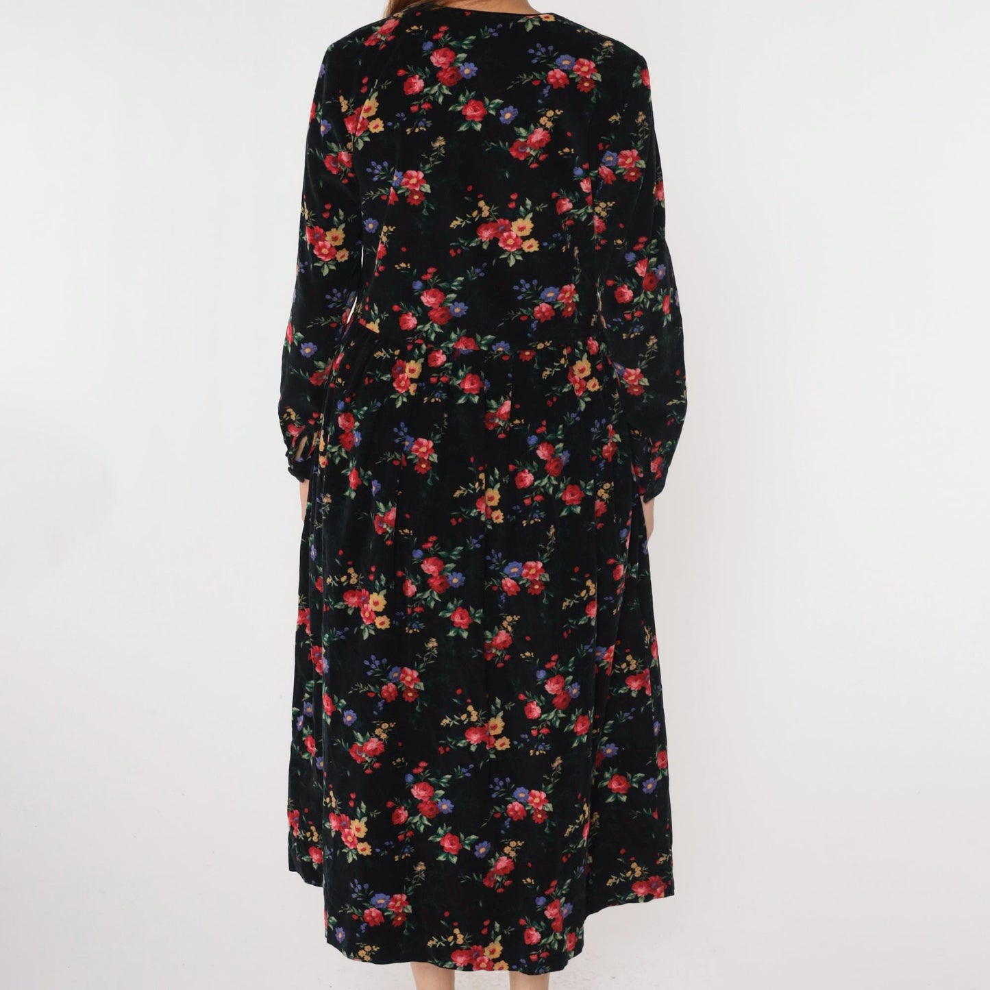 90s Talbots Floral Corduroy Midi Dress Black Button-Up High Waist Medium