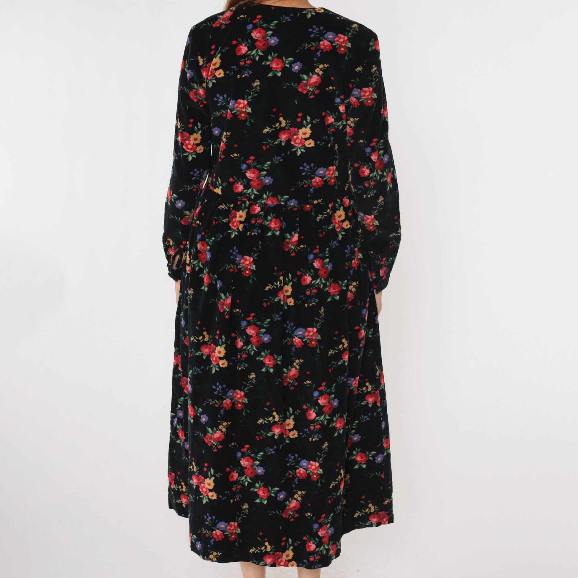 90s Talbots Floral Corduroy Midi Dress Black Button-Up High Waist Medium