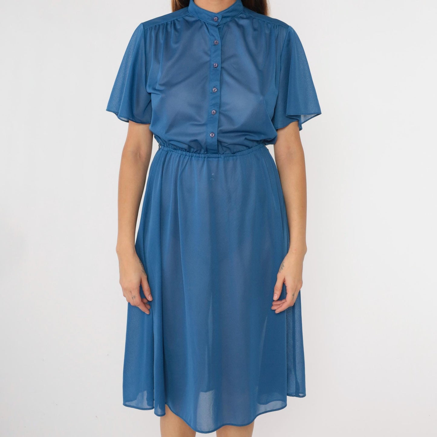 70s Blue Semi-Sheer Midi Shirtdress Flutter Sleeve Button-Up High Waisted Small Medium