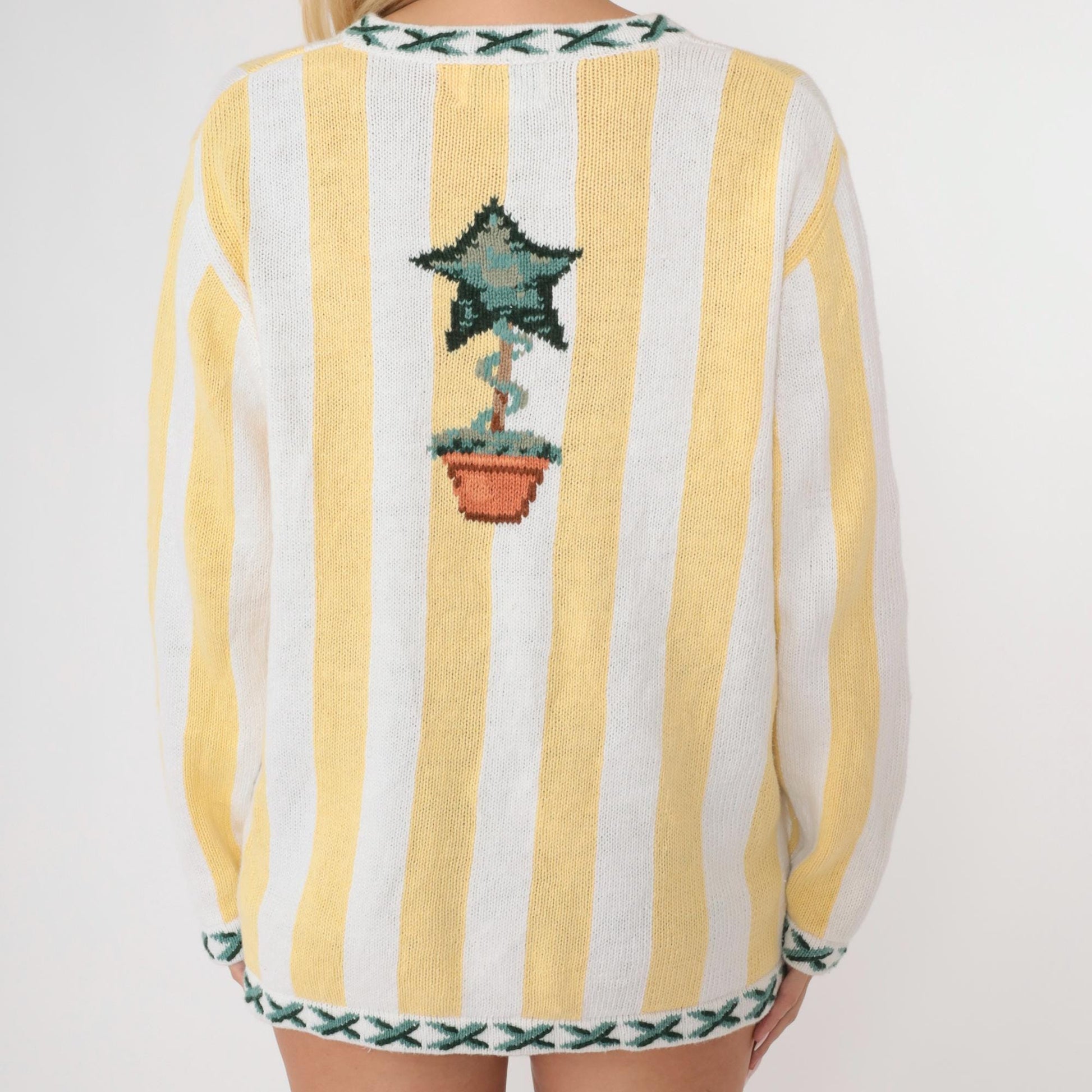 90s Quacker Factory Cardigan Yellow White Striped Topiary Cotton Medium