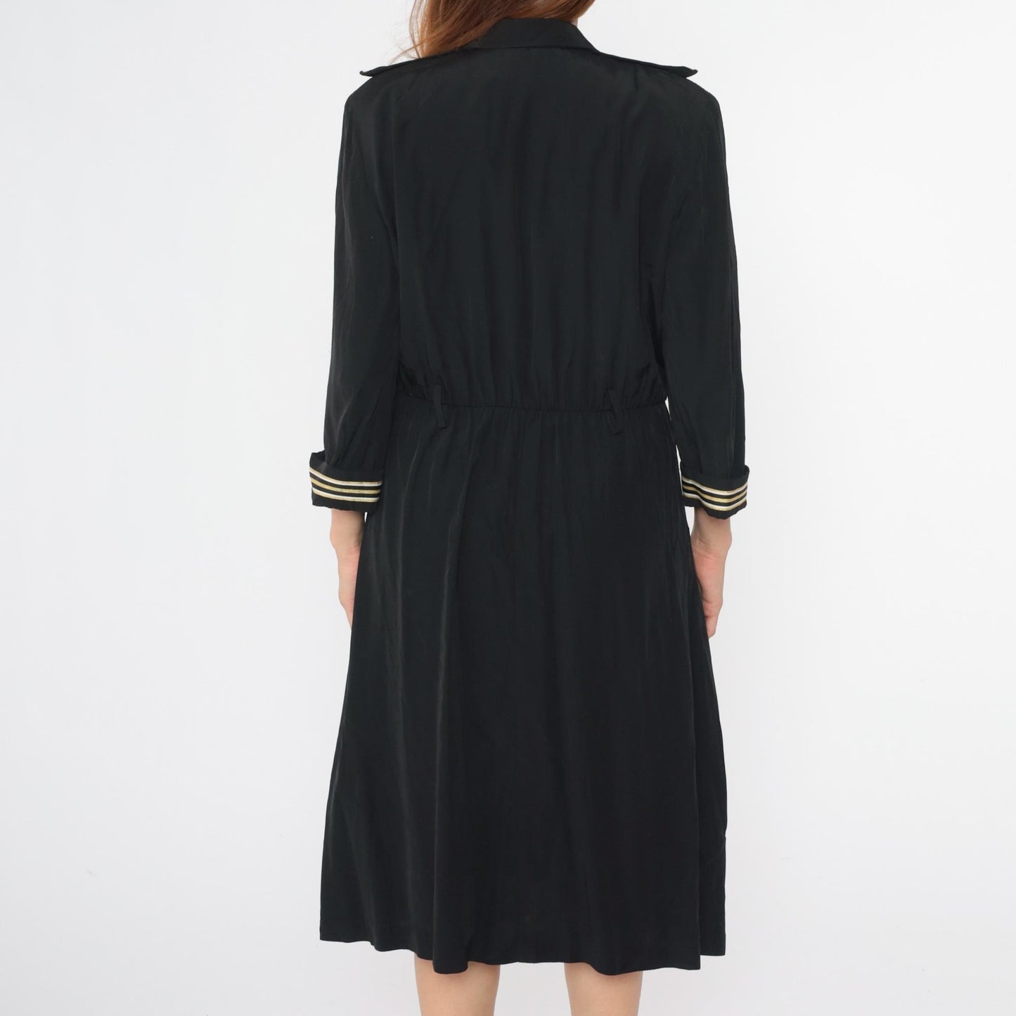 90s Black Midi Wrap Dress Gold Striped Epaulette High Waist Large