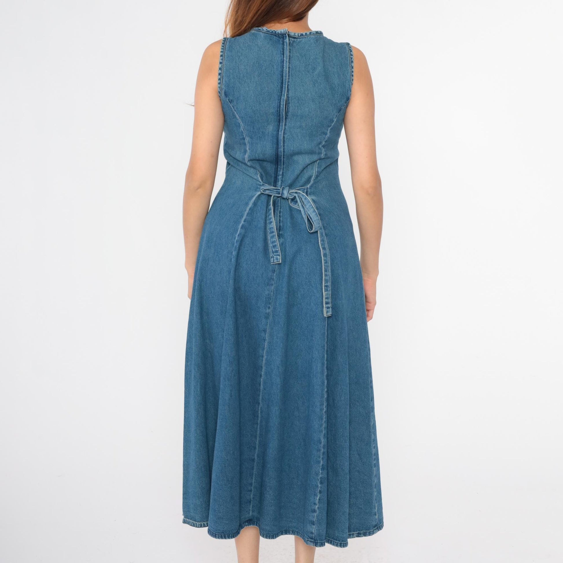 90s Styleworks Denim Dress Floral Appliqué Mesh Neckline Maxi Small