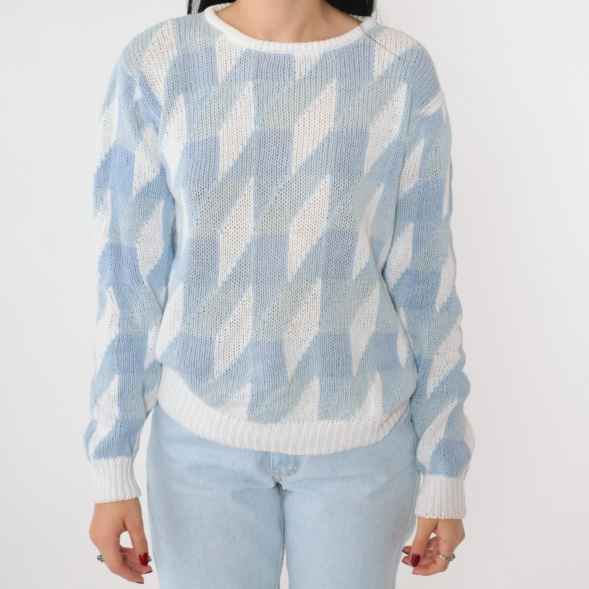 80s JH Collectibles Geometric Knit Sweater Light Blue White Crew Neck Small
