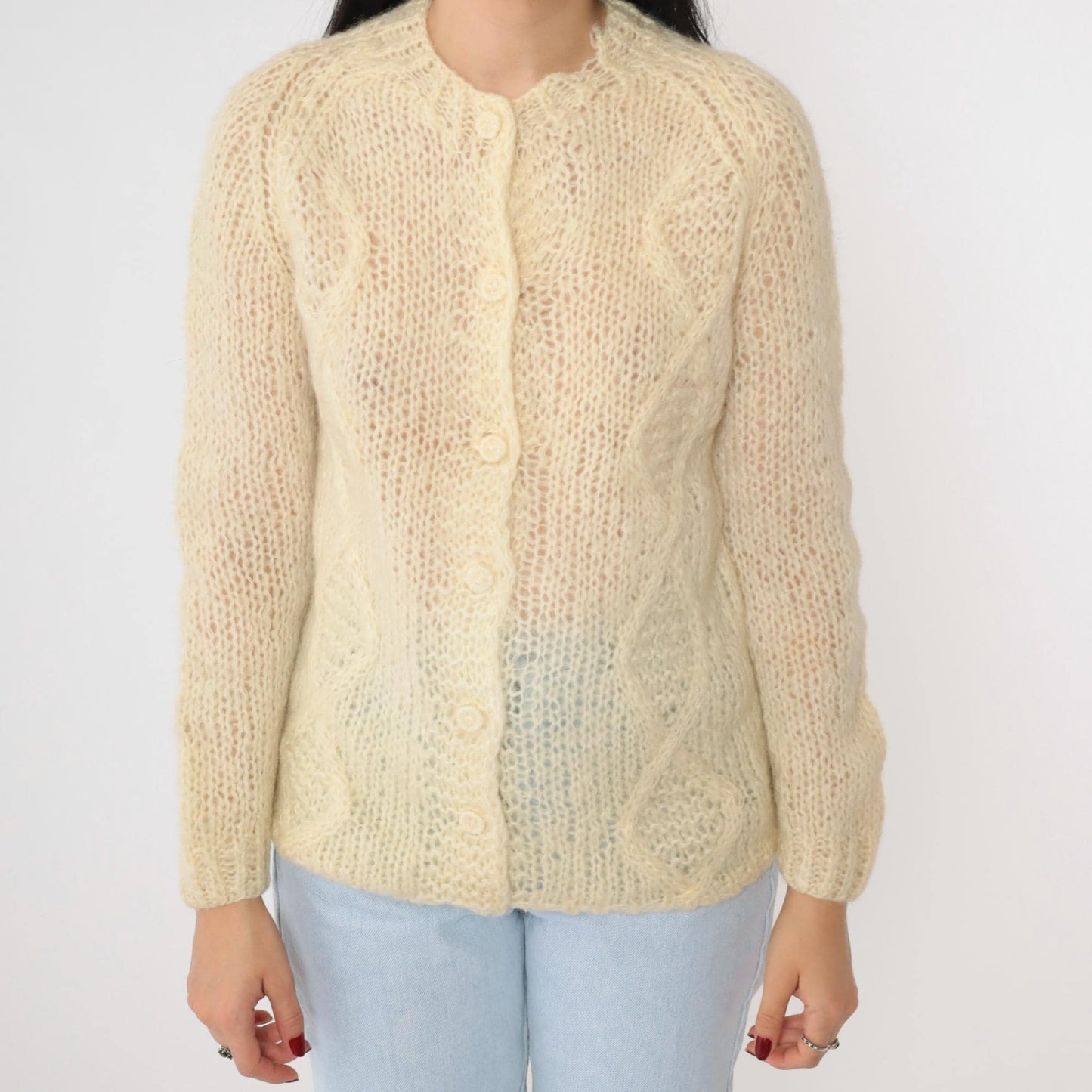 70s Cream Cable Knit Cardigan Wool Button-Up Sweater Small