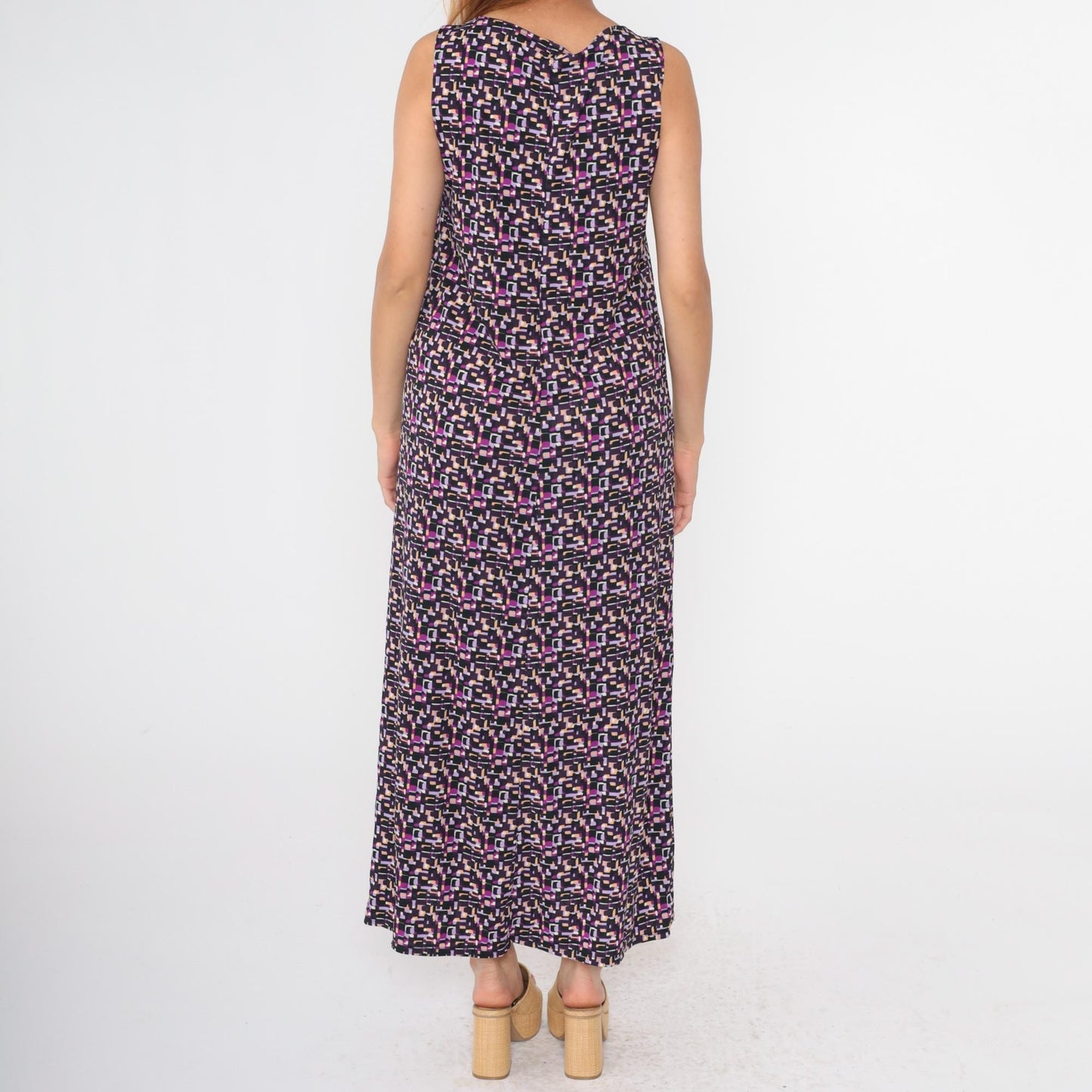 90s Purple Geometric Maxi Shift Dress Sleeveless Medium