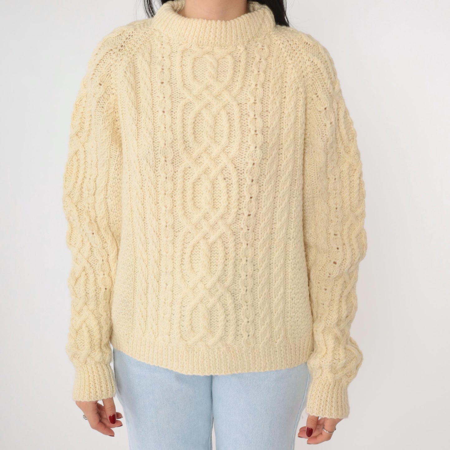 80s Cream Cable Knit Raglan Sweater Mock Neck Pullover Medium