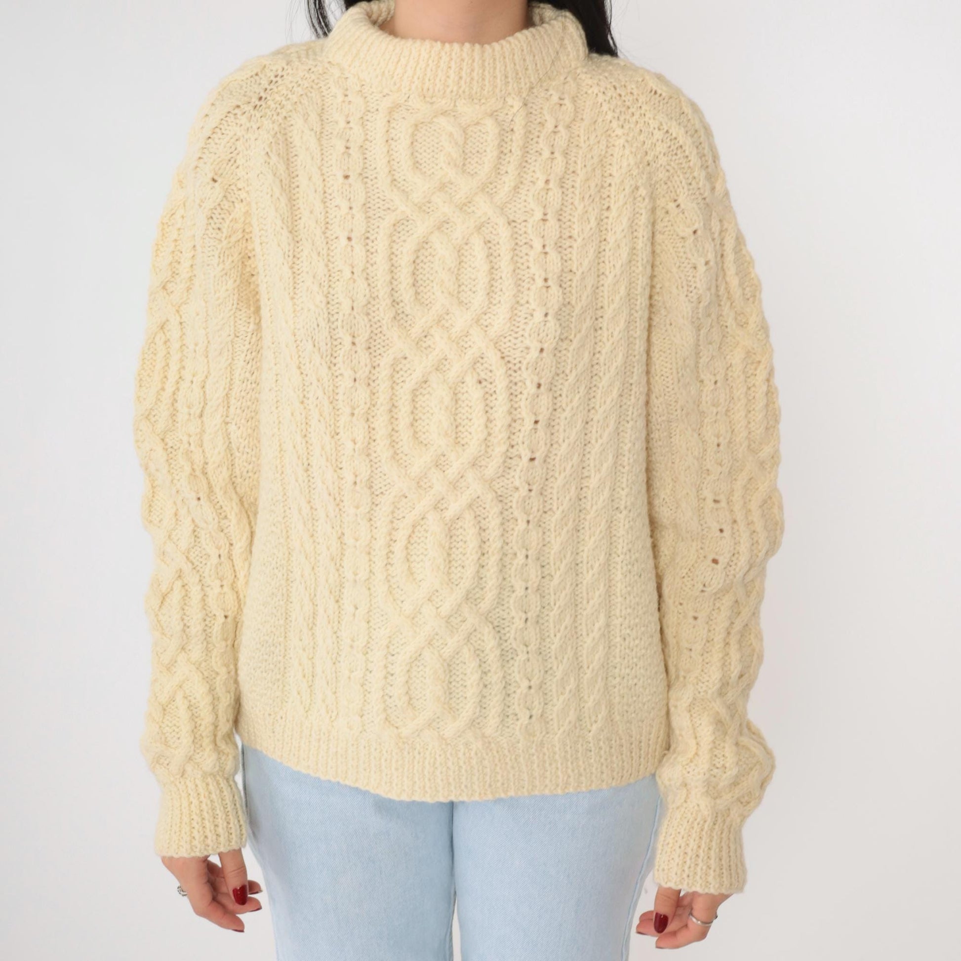 80s Cream Cable Knit Raglan Sweater Mock Neck Pullover Medium