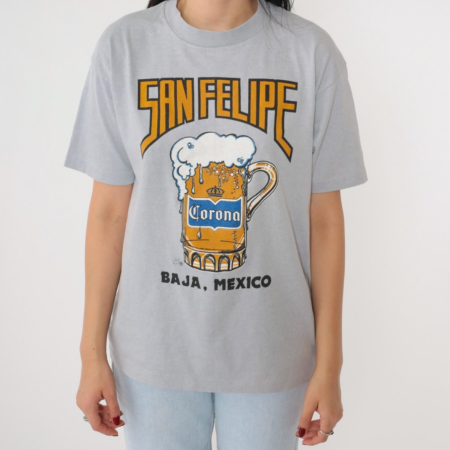 90s San Felipe Mexico Beer Graphic T-Shirt Grey Single Stitch Medium