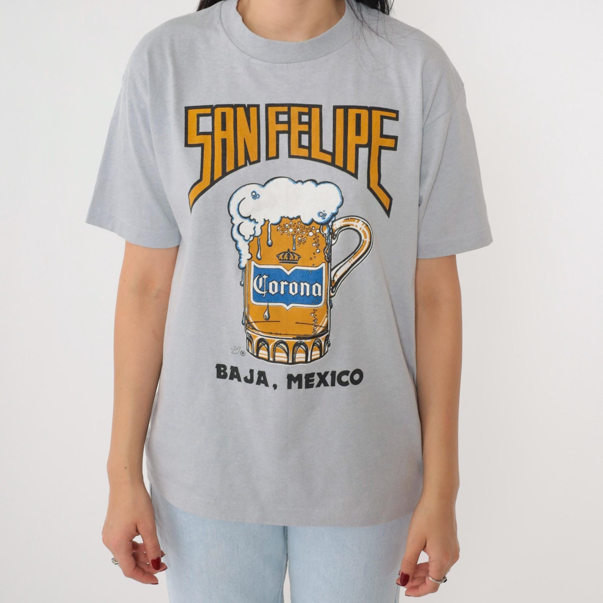 90s San Felipe Mexico Beer Graphic T-Shirt Grey Single Stitch Medium
