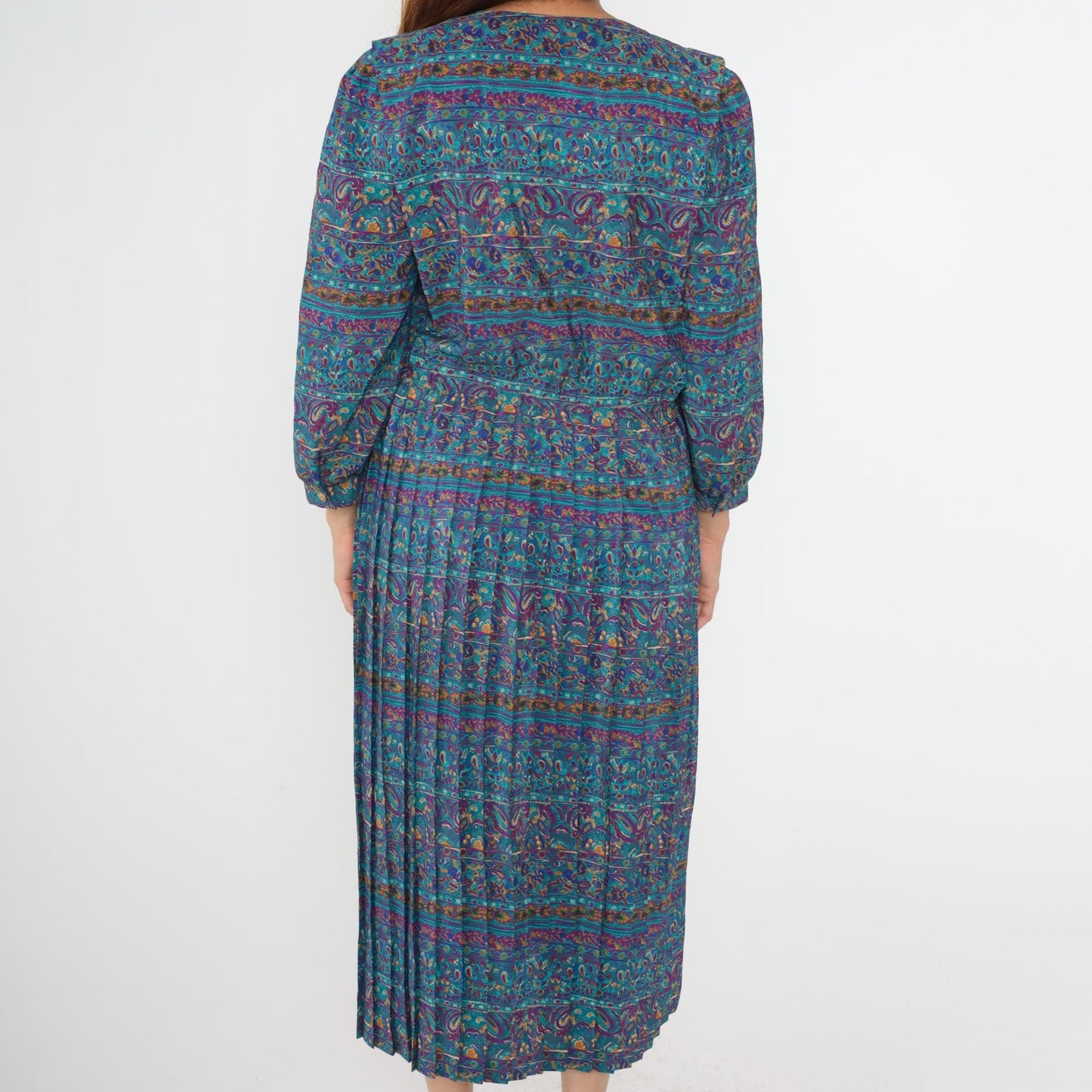 80s Blue Paisley Striped Midi Dress Puff Sleeve High Waisted Button Up Medium