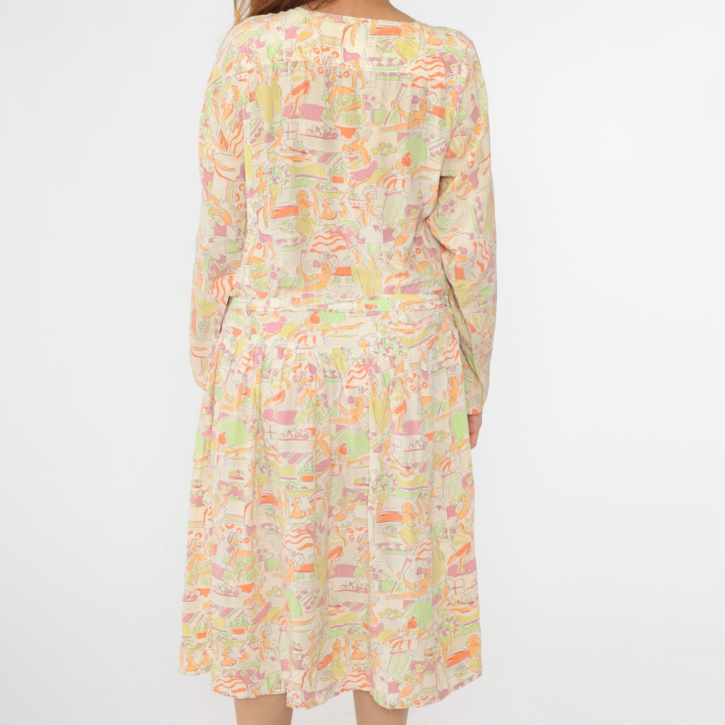 90s Hyper New York Silk Midi Dress Abstract People Print Pastel Medium M
