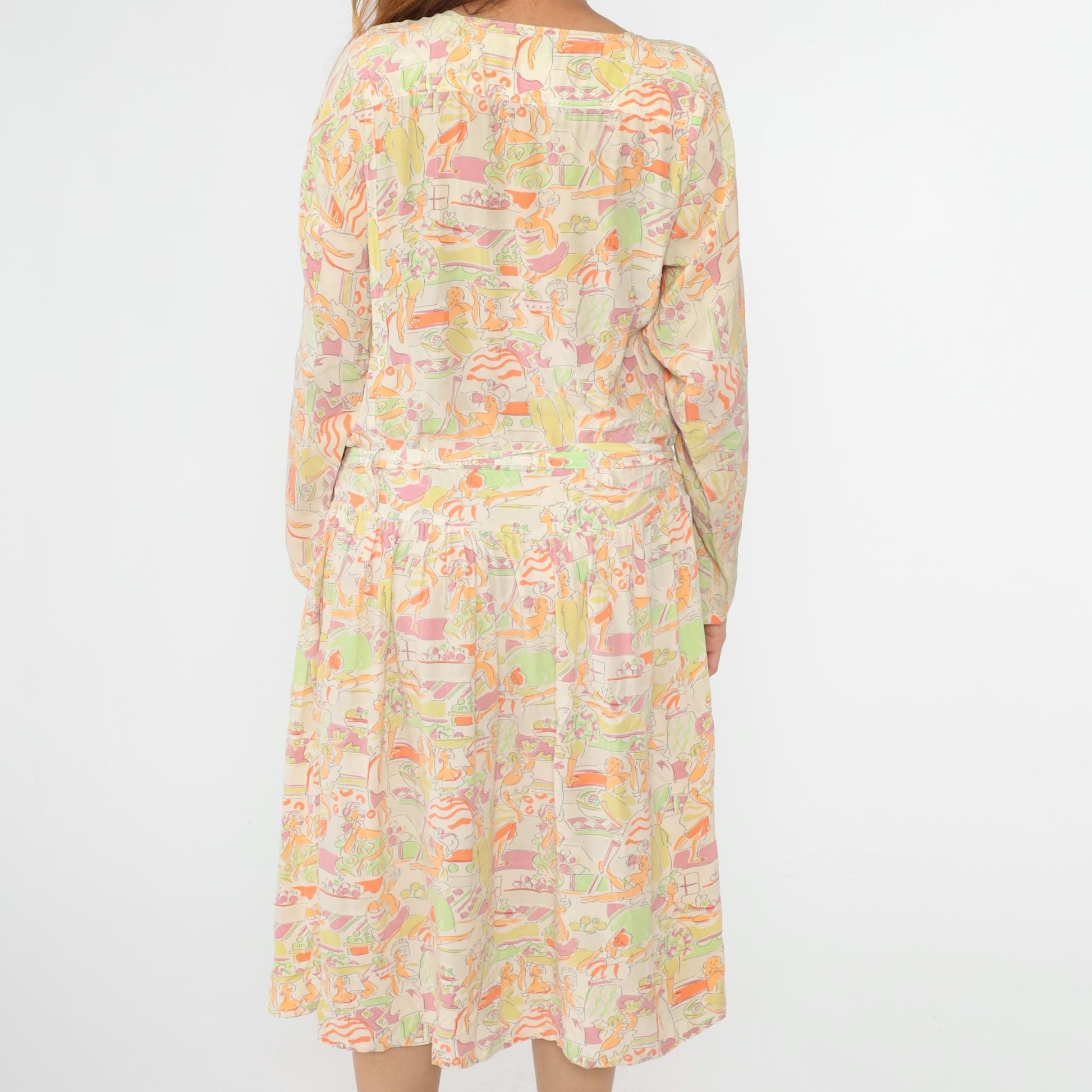 90s Hyper New York Silk Midi Dress Abstract People Print Pastel Medium M