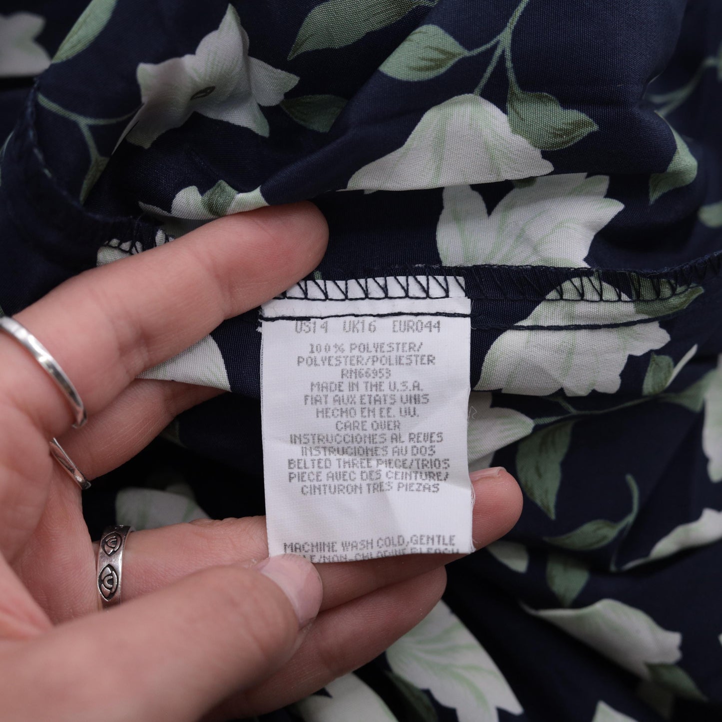 90s Leslie Fay Navy Floral Midi Shirtdress Button-Up Pleated Medium