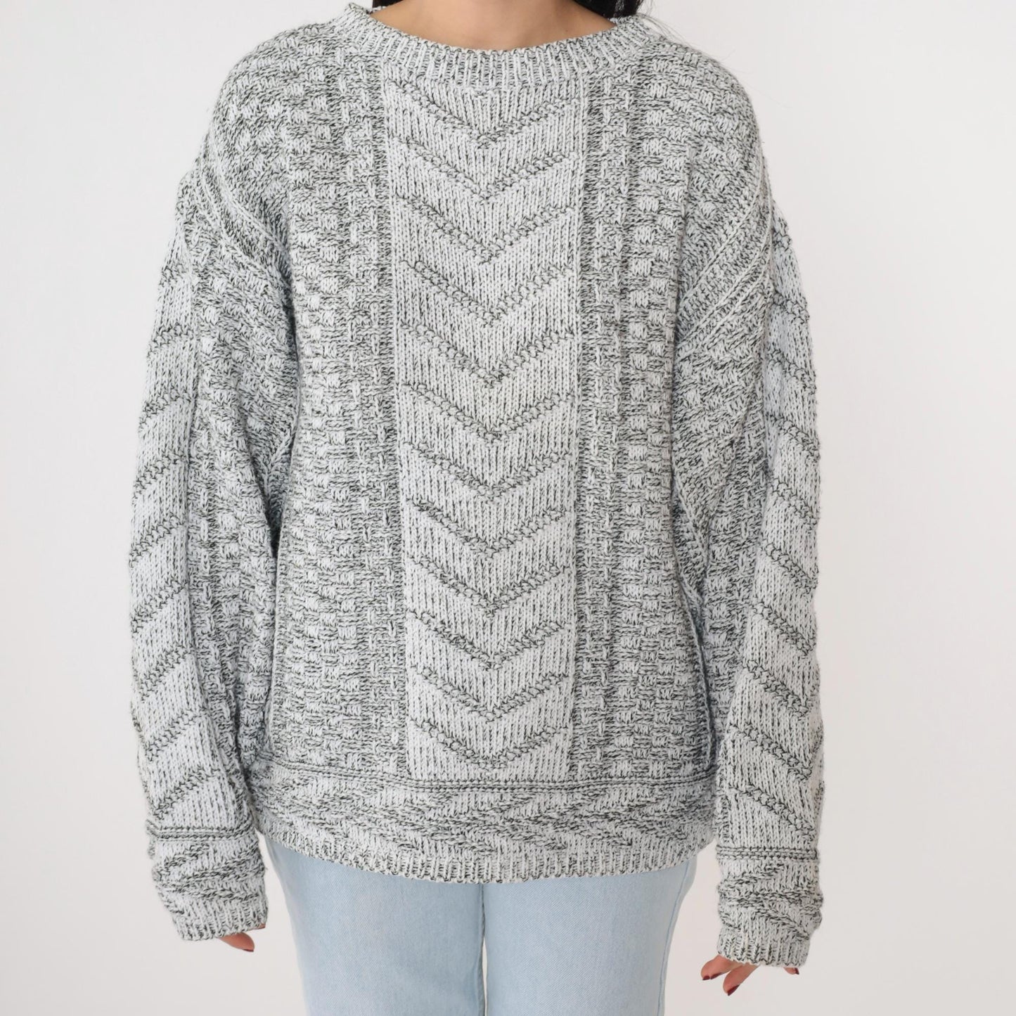 90s Grey Chevron Knit Pullover Sweater White Geometric Crewneck Small