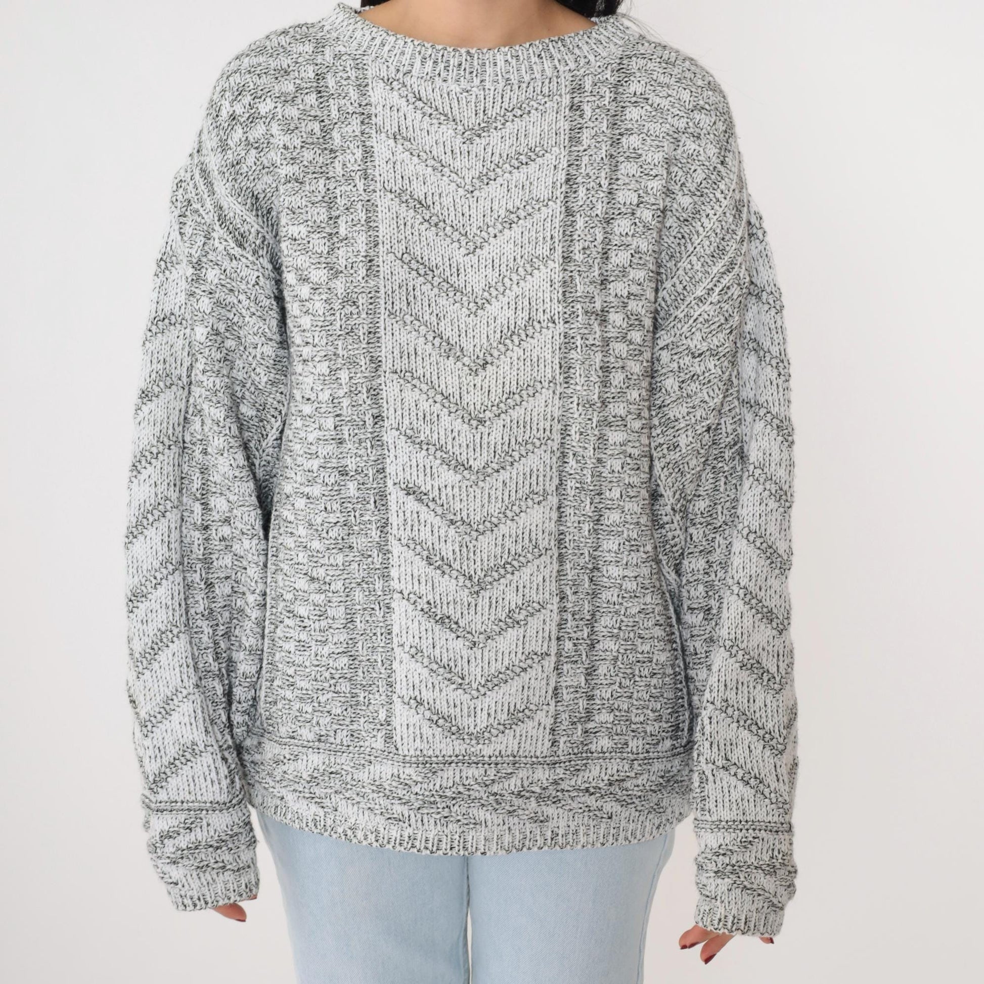 90s Grey Chevron Knit Pullover Sweater White Geometric Crewneck Small