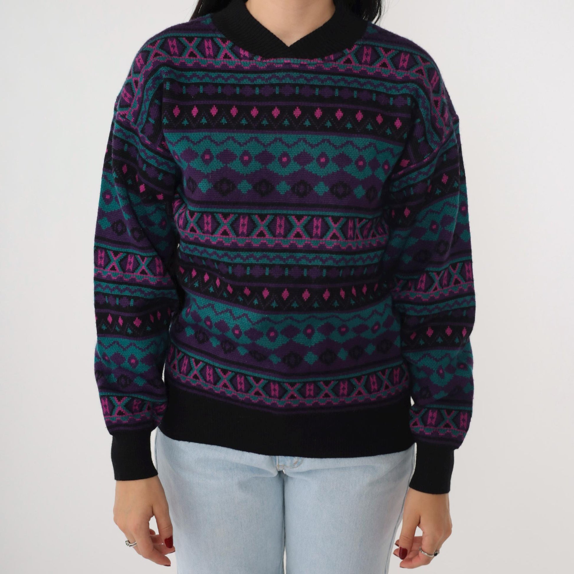80s Southwestern Geometric Wool Blend Pullover Purple Teal Medium
