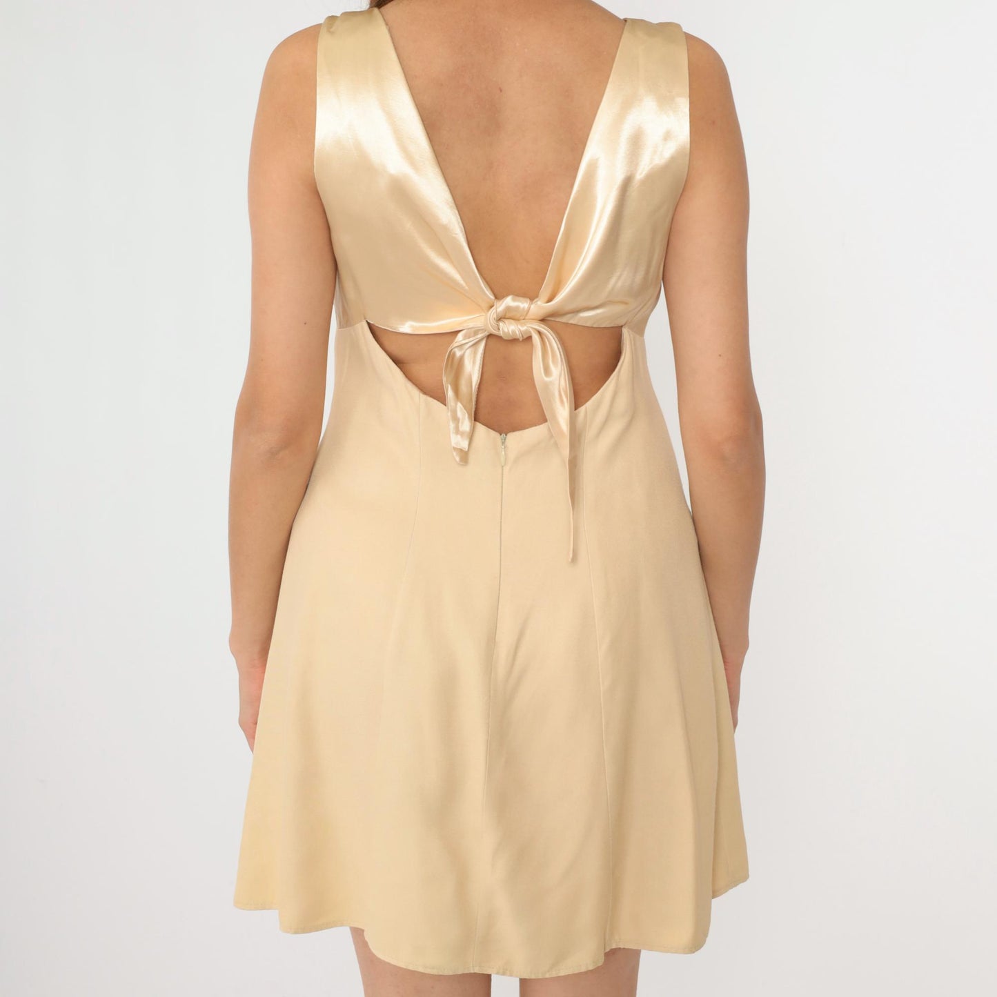 90s Champagne Satin Mini Dress Keyhole Back Bow Empire Waist Medium