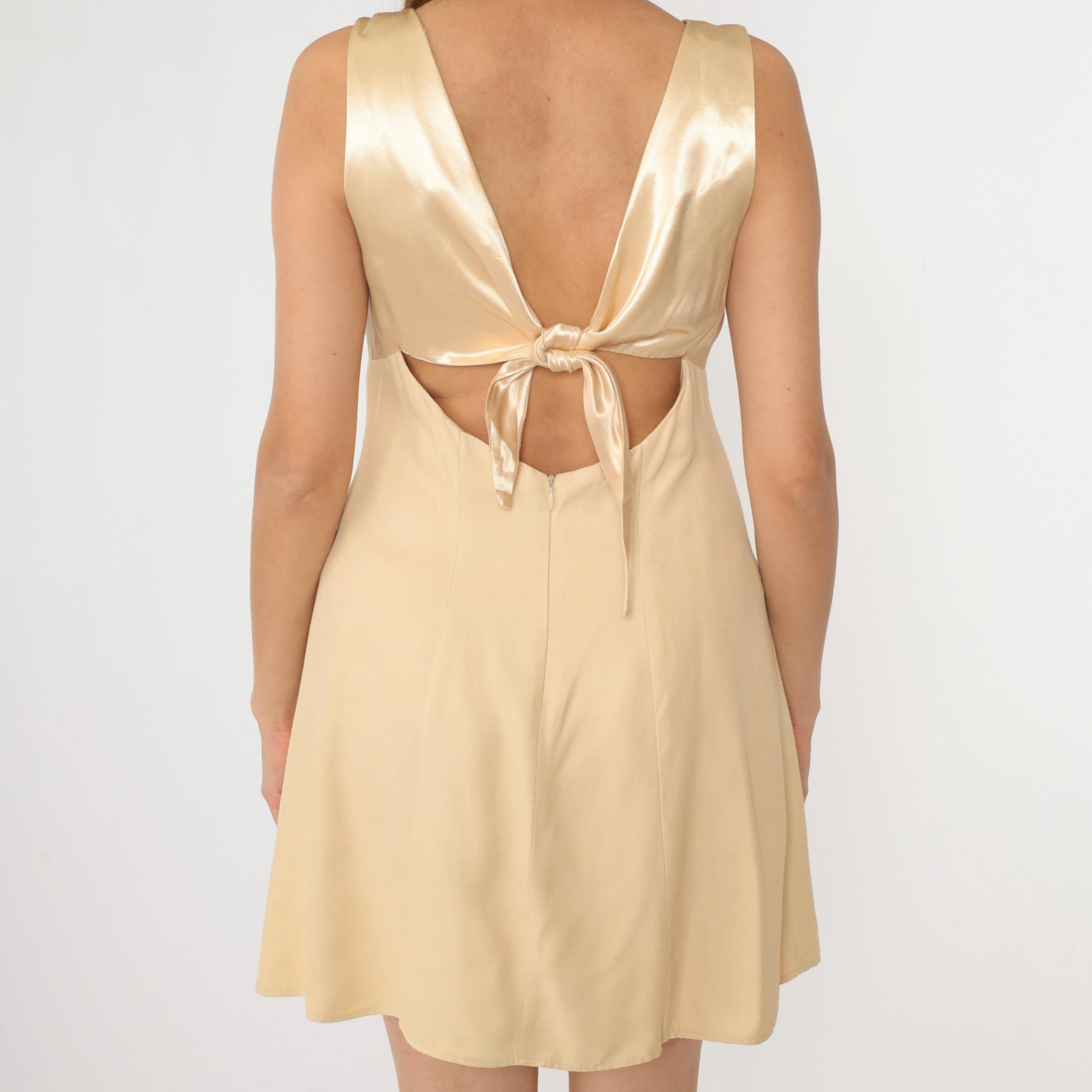 90s Champagne Satin Mini Dress Keyhole Back Bow Empire Waist Medium
