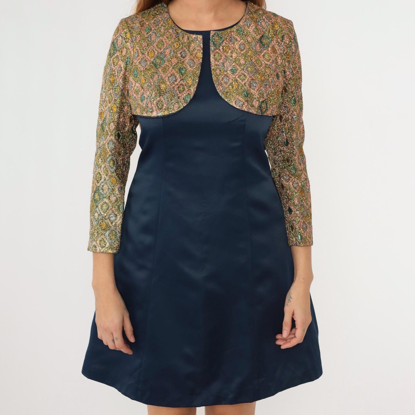 70s Metallic Geometric Bolero Jacket Dress Navy Gold Sheath Small