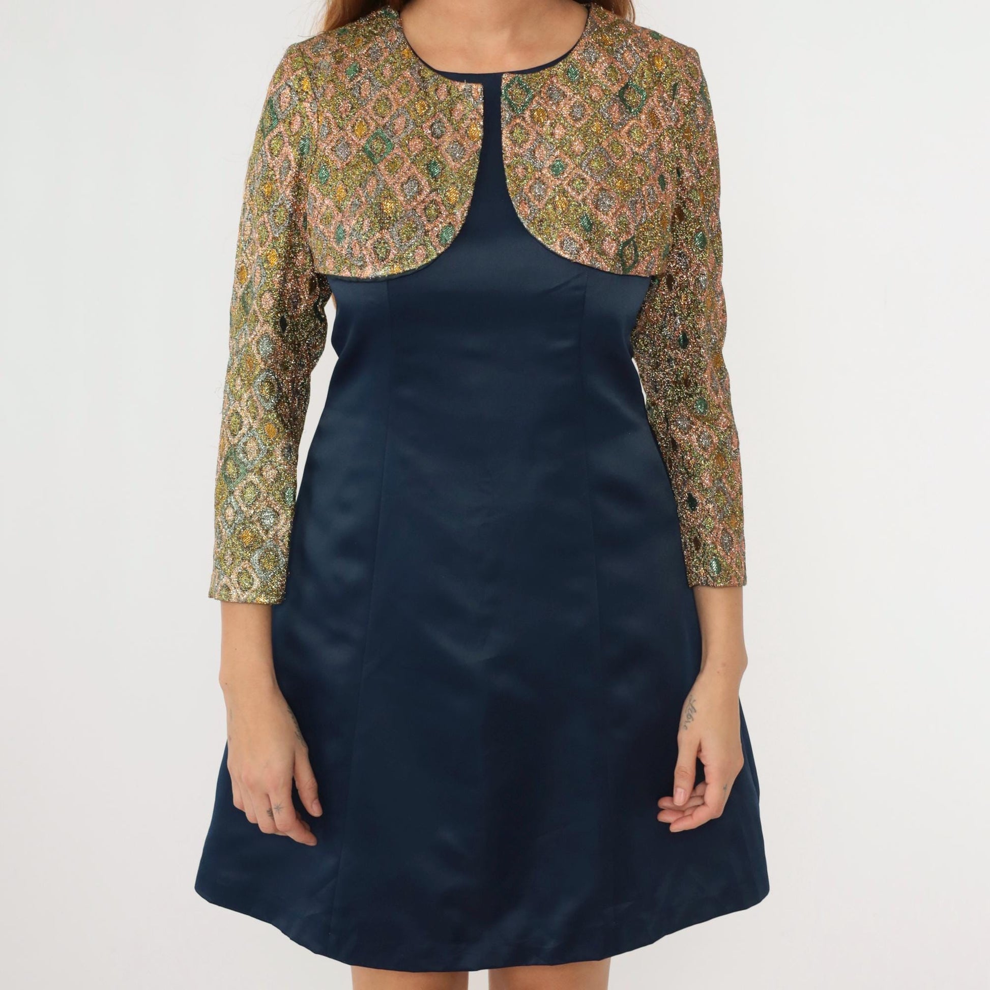 70s Metallic Geometric Bolero Jacket Dress Navy Gold Sheath Small