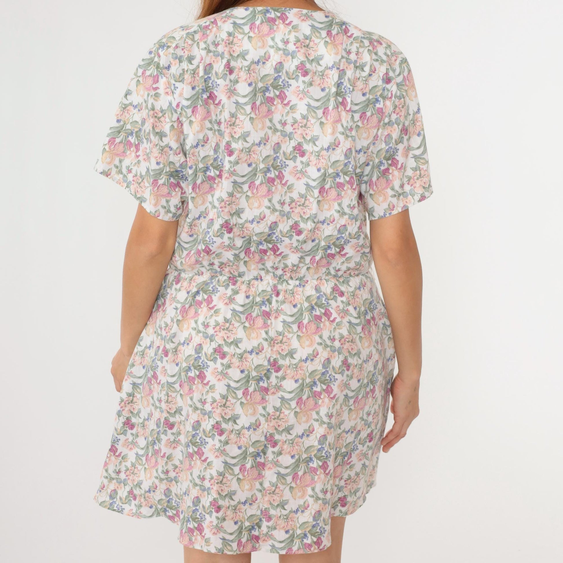 90s White Floral Print Button-Up Shirtdress Elastic Waist Mini Medium Large