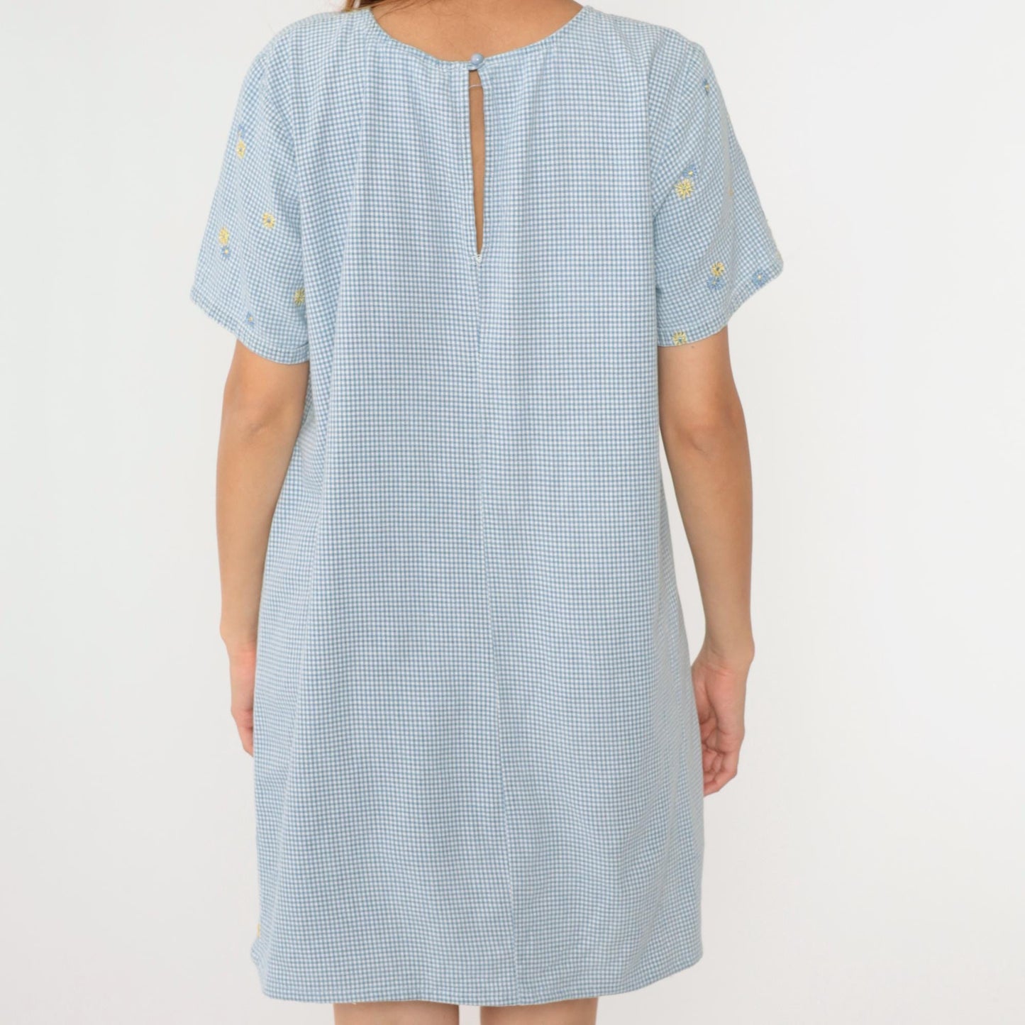 90s Blue Gingham Floral Embroidered Mini Shift Dress Cotton Large