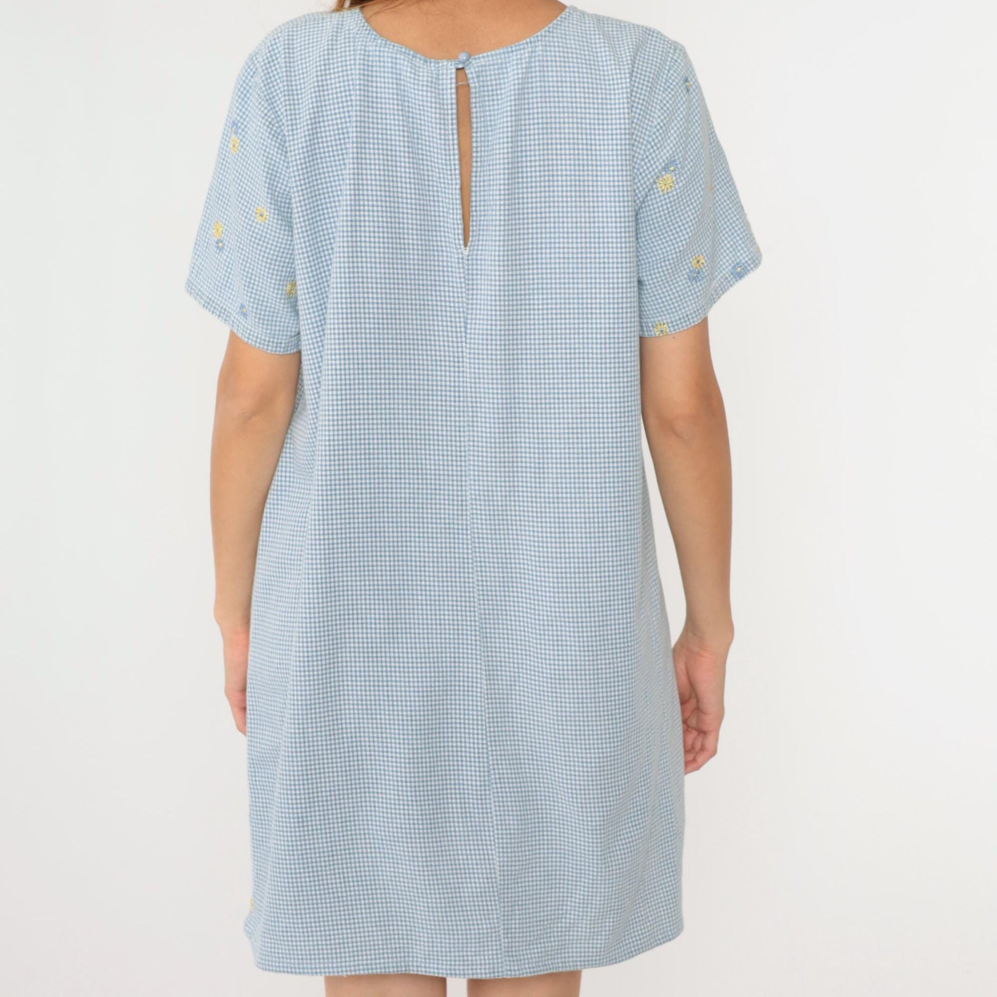 90s Blue Gingham Floral Embroidered Mini Shift Dress Cotton Large