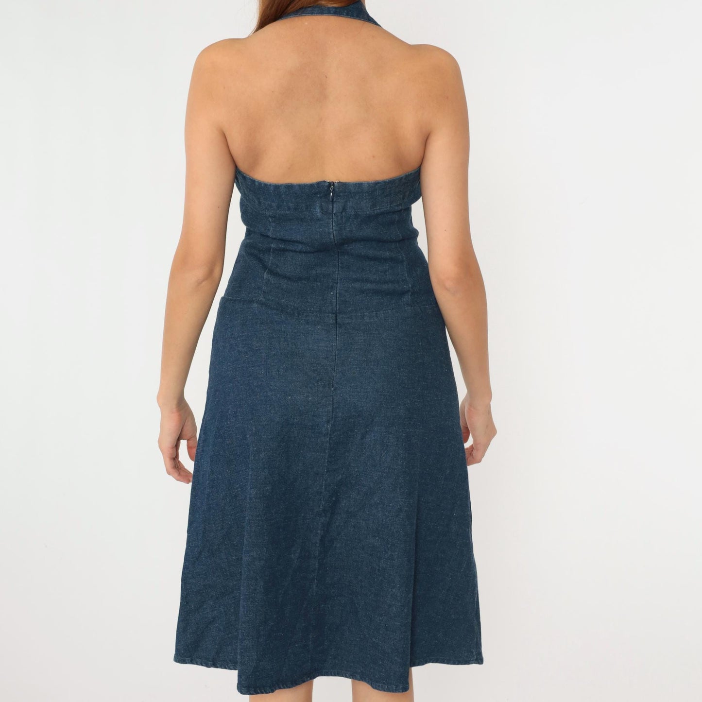 Y2K Denim Midi Dress Floral Embroidered Halter Neck Backless Small