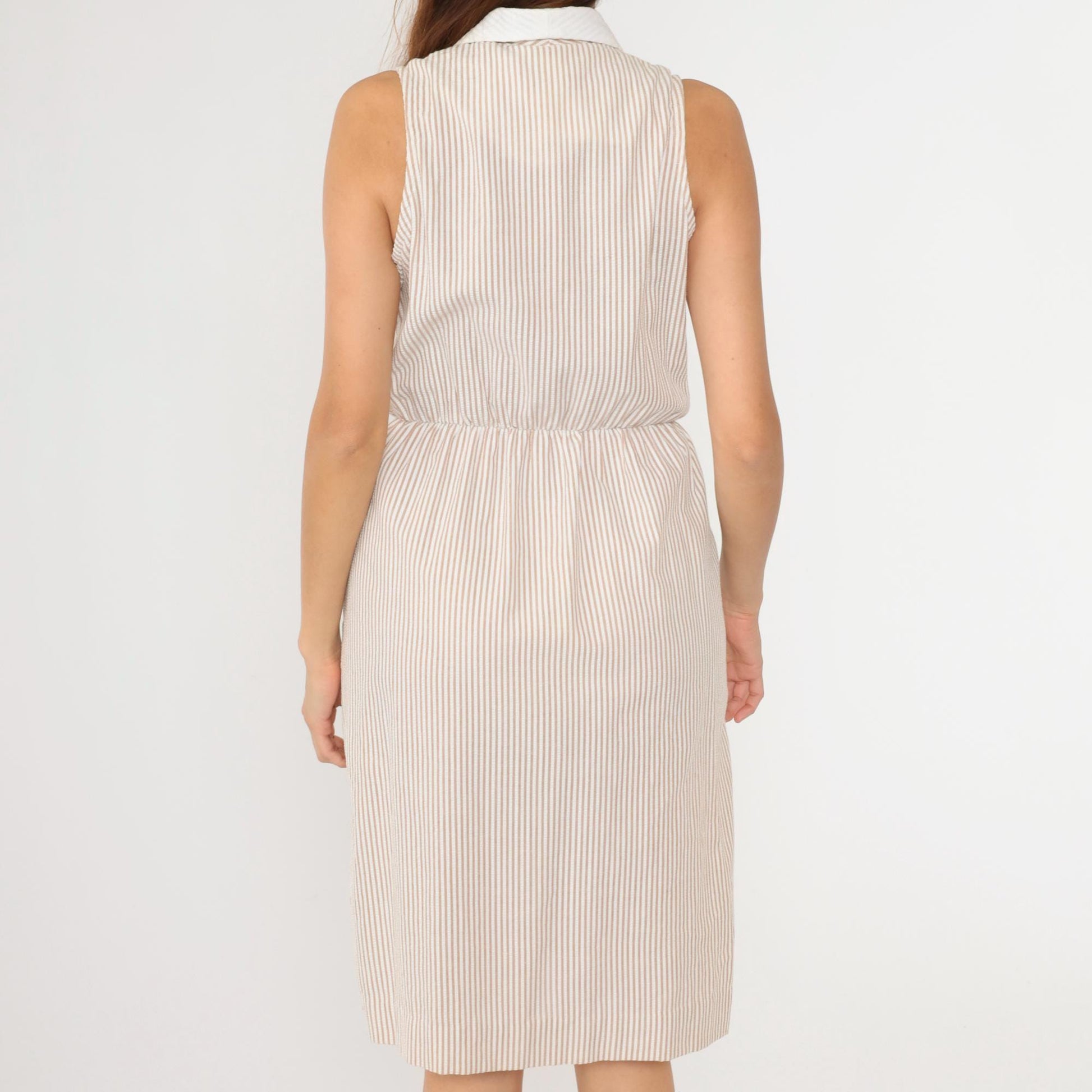 80s Kevin Stuart Seersucker Midi Dress Brown White Striped Collared Small