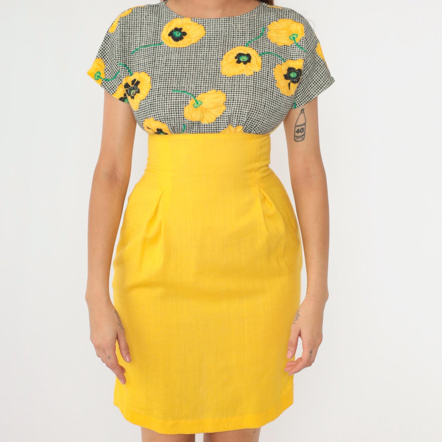 80s Yellow Floral Black Gingham Empire Waist Mini Dress Pleated Small
