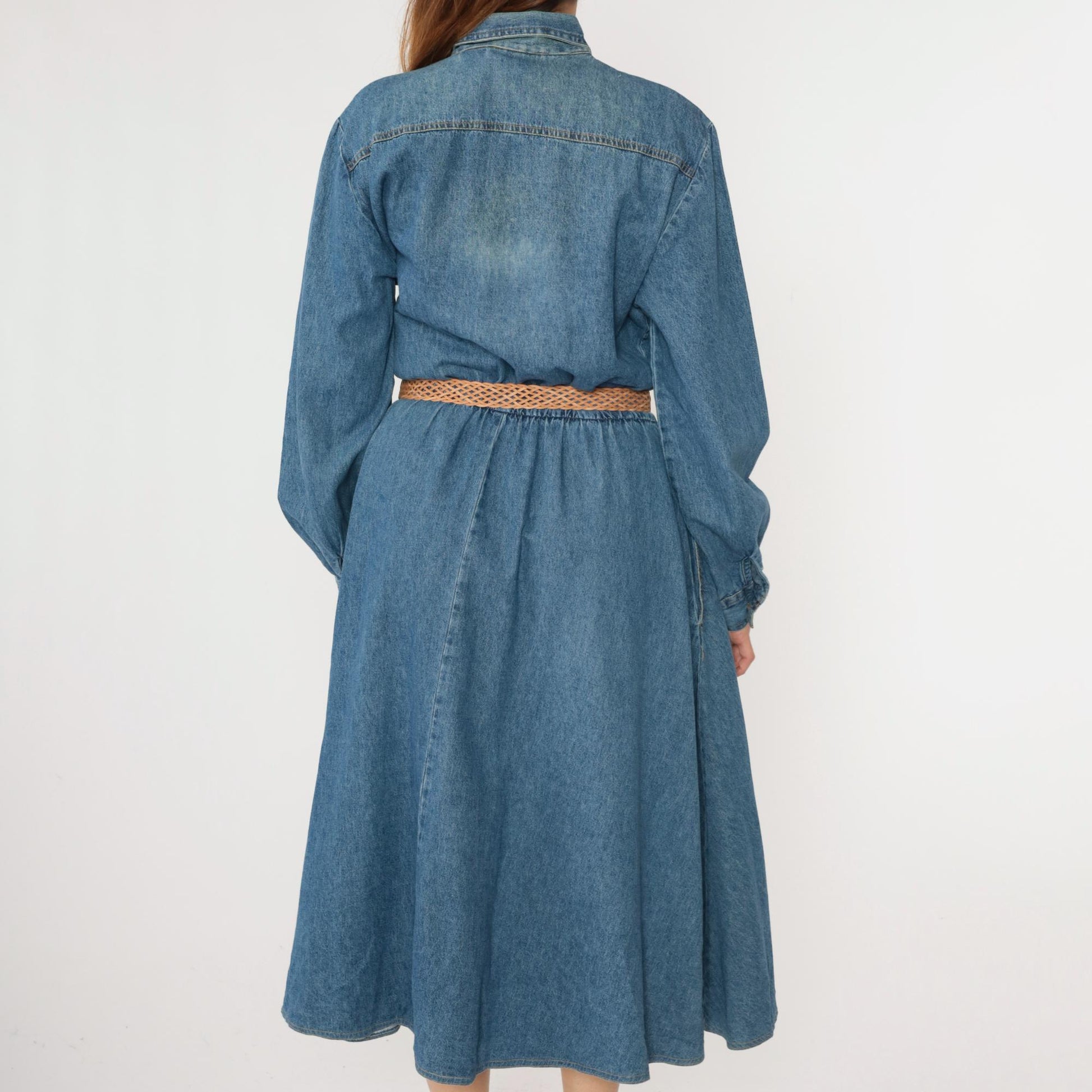 90s Nina Piccalino Denim Midi Shirtdress Blue High Waist Pleated Large 14