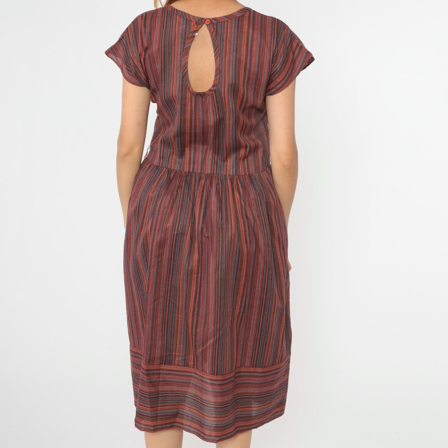 80s Multicolor Striped Midi Dress Keyhole Back Square Neck Cap Sleeve Medium