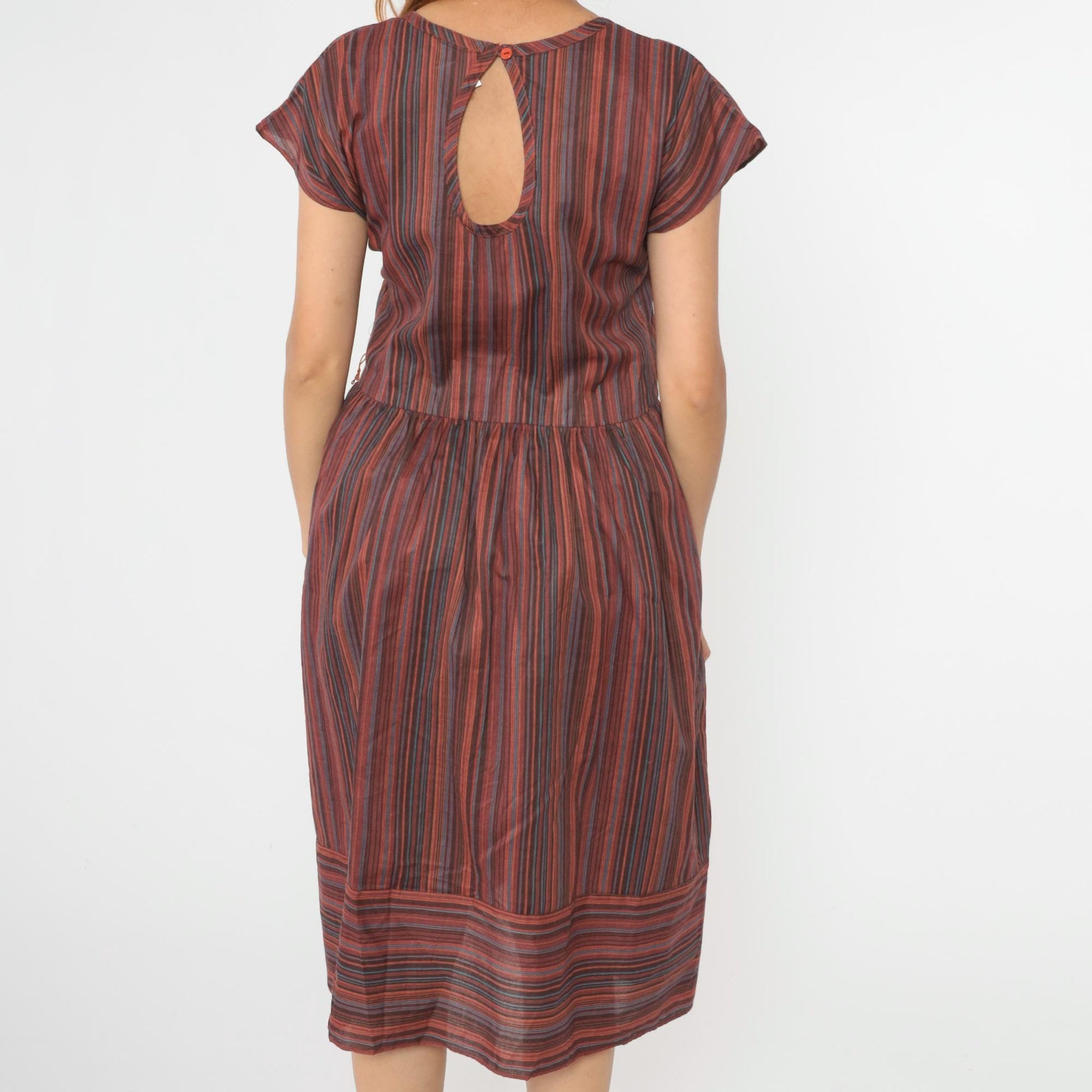 80s Multicolor Striped Midi Dress Keyhole Back Square Neck Cap Sleeve Medium