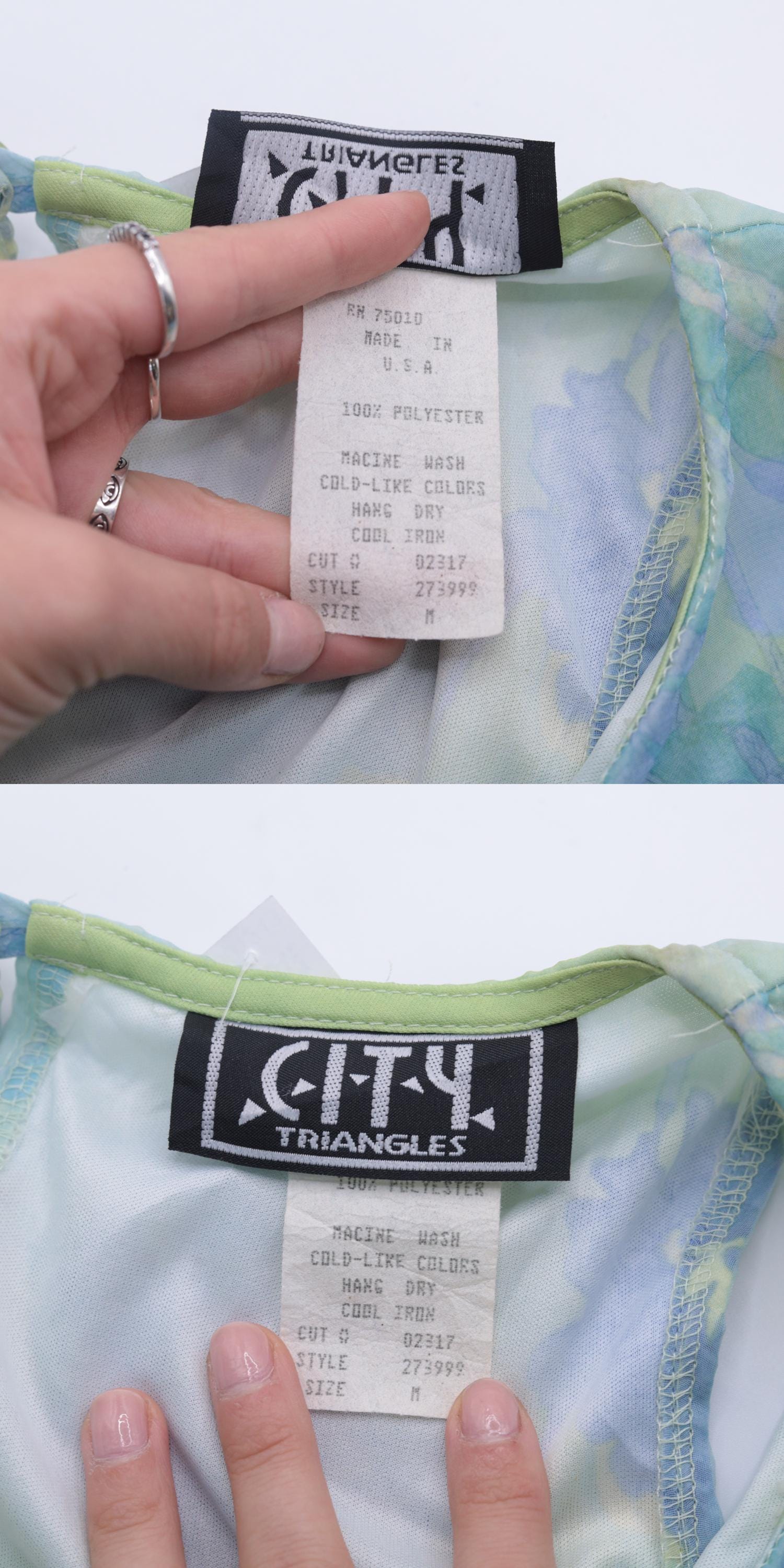 90s City Triangles Watercolor Floral Chiffon Midi Dress Blue Green Medium