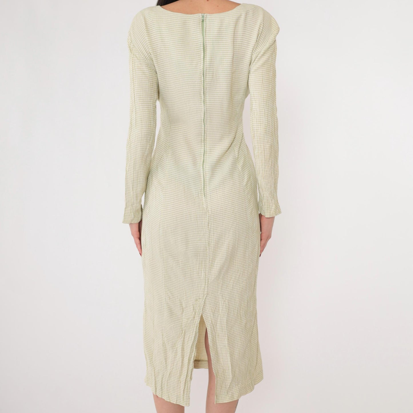 90s Sage Green Gingham Midi Dress Lace-Up Sides Princess Seams Small