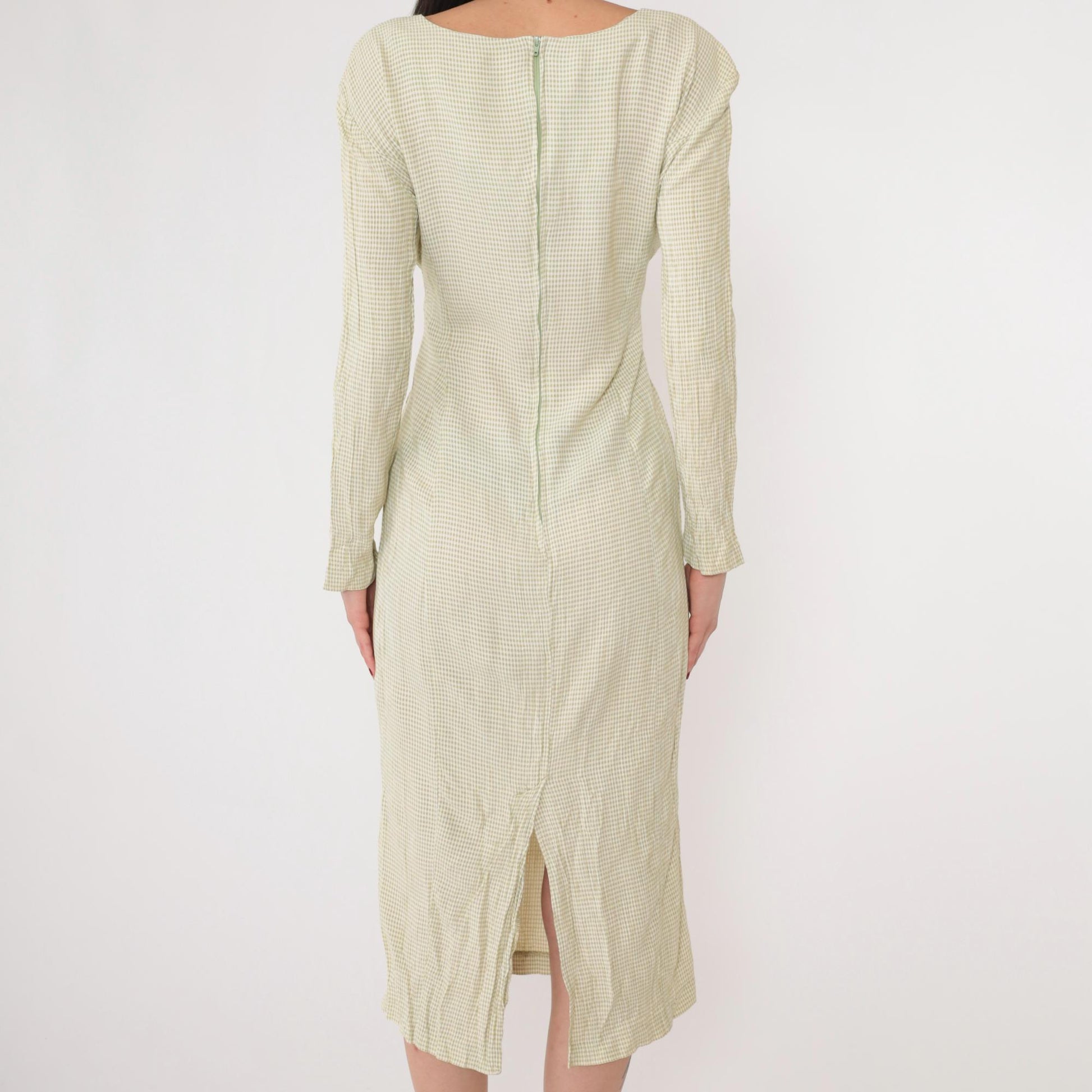 90s Sage Green Gingham Midi Dress Lace-Up Sides Princess Seams Small