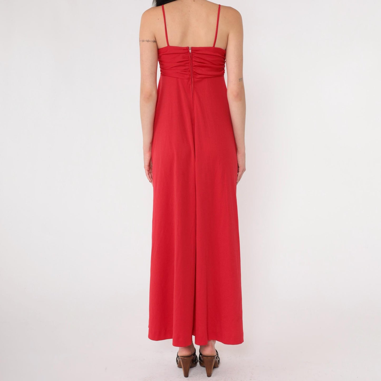 70s Red Maxi Dress Empire Waist Spaghetti Strap Gathered Bodice Extra Small