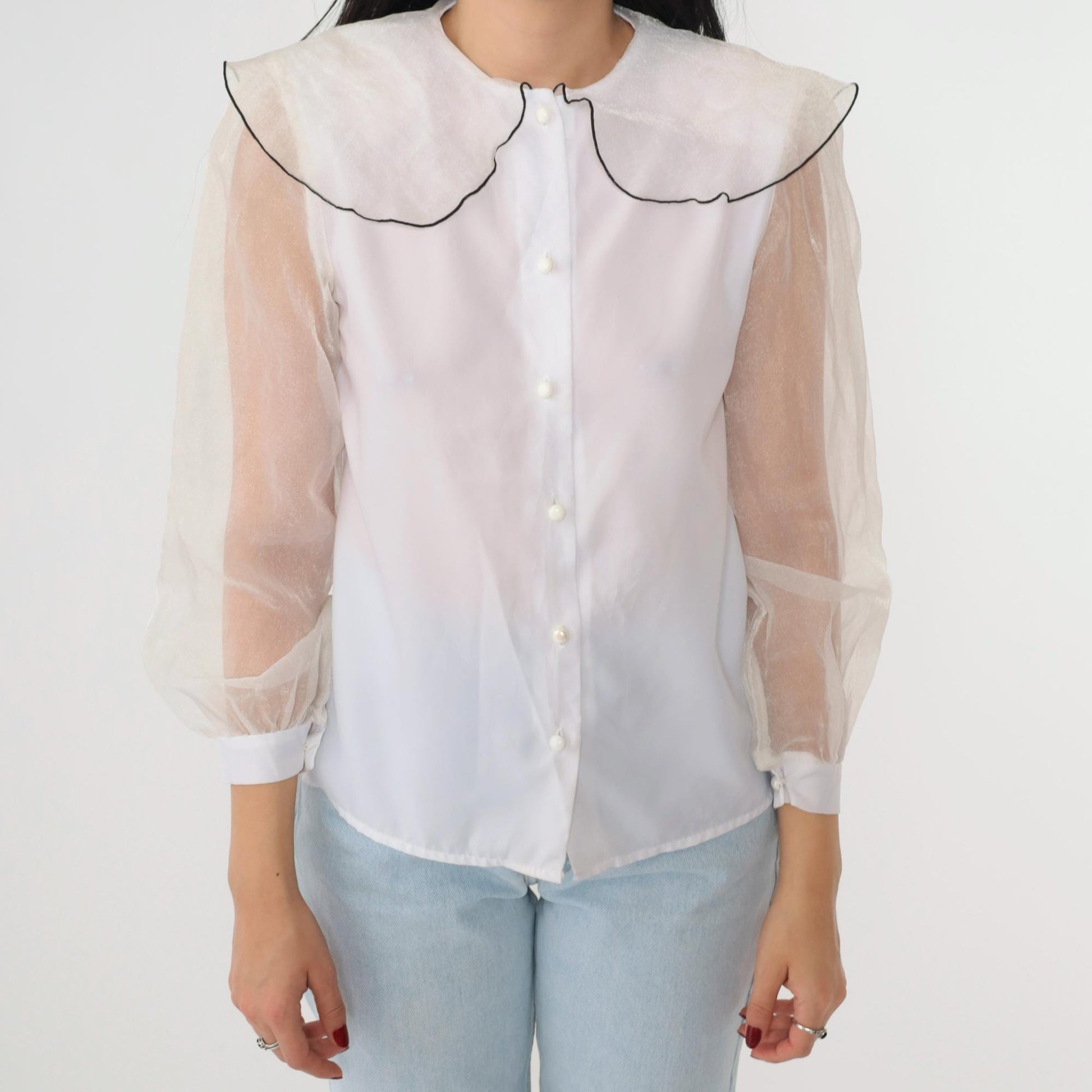 80s White Organza Puff Sleeve Blouse Peter Pan Collar Button Up Small