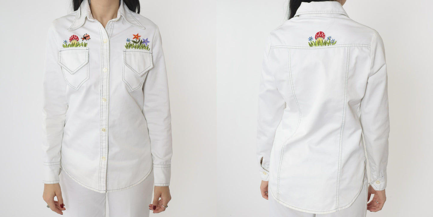 70s Andi Luv Embroidered Mushroom Two Piece Set White Cotton Blouse Pants Small
