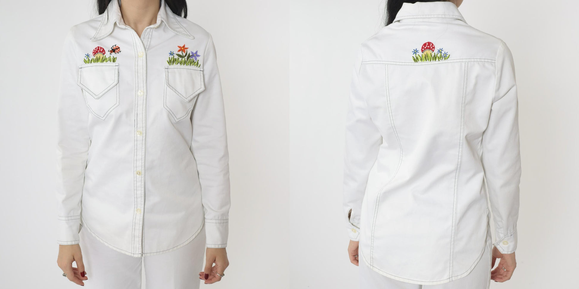 70s Andi Luv Embroidered Mushroom Two Piece Set White Cotton Blouse Pants Small