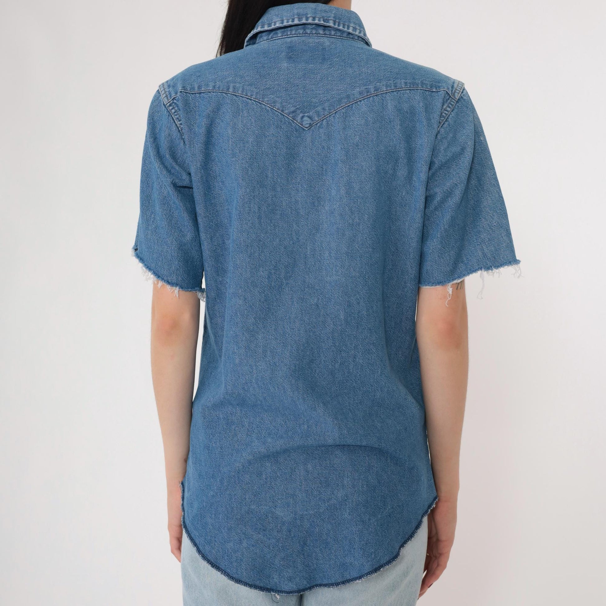 90s Wrangler Blue Denim Western Shirt Pearl Snap Cutoff Sleeves Small