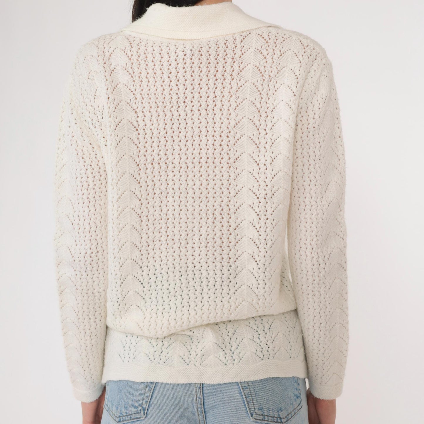 70s White Pointelle Open Weave Cardigan Button Up Knit Medium